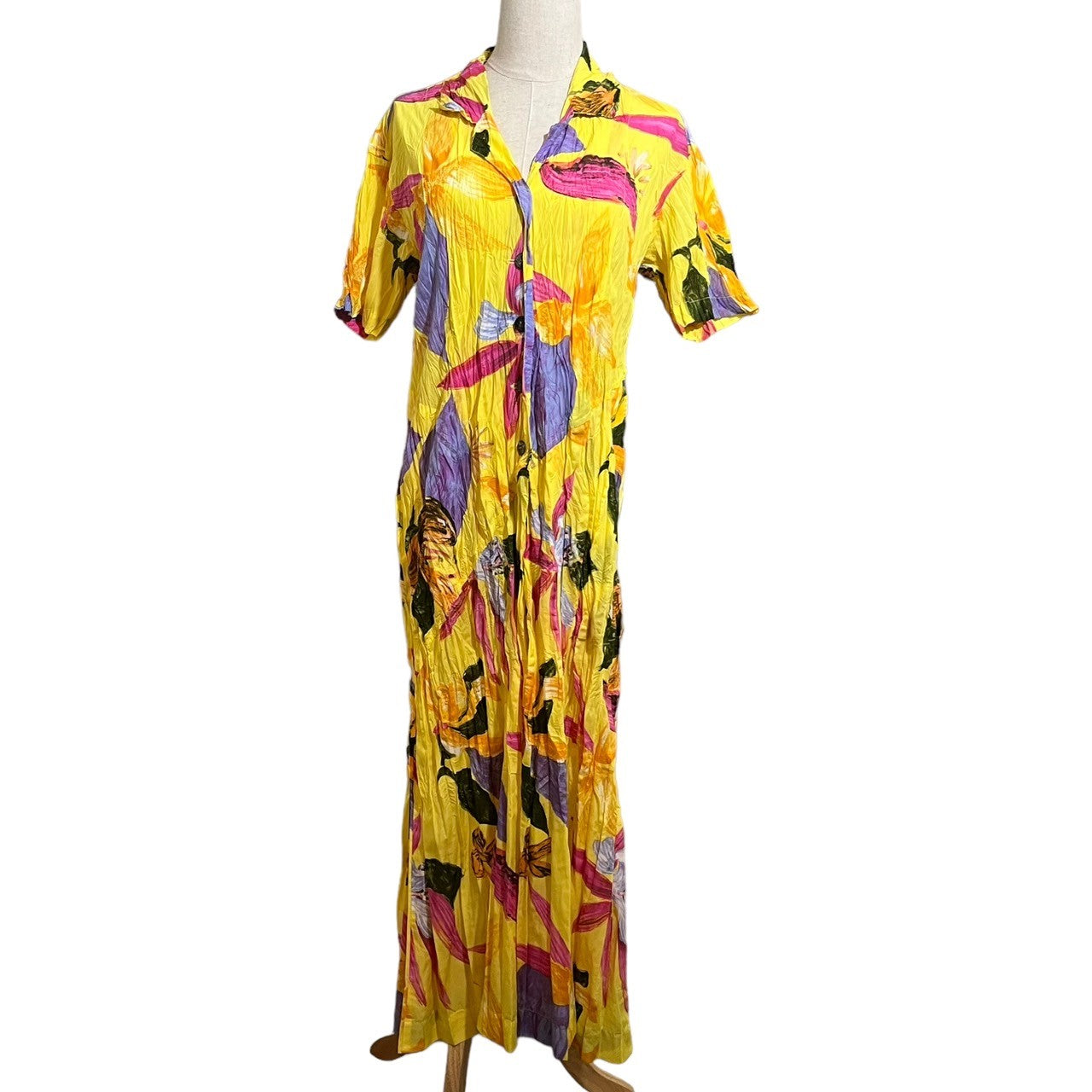 ISSEY MIYAKE(イッセイミヤケ) 06SS Floral wrinkle pleat S/S dress フローラル シワ プリーツ 半袖 ワンピース IM61-FH933 M イエロー 花 ドレス