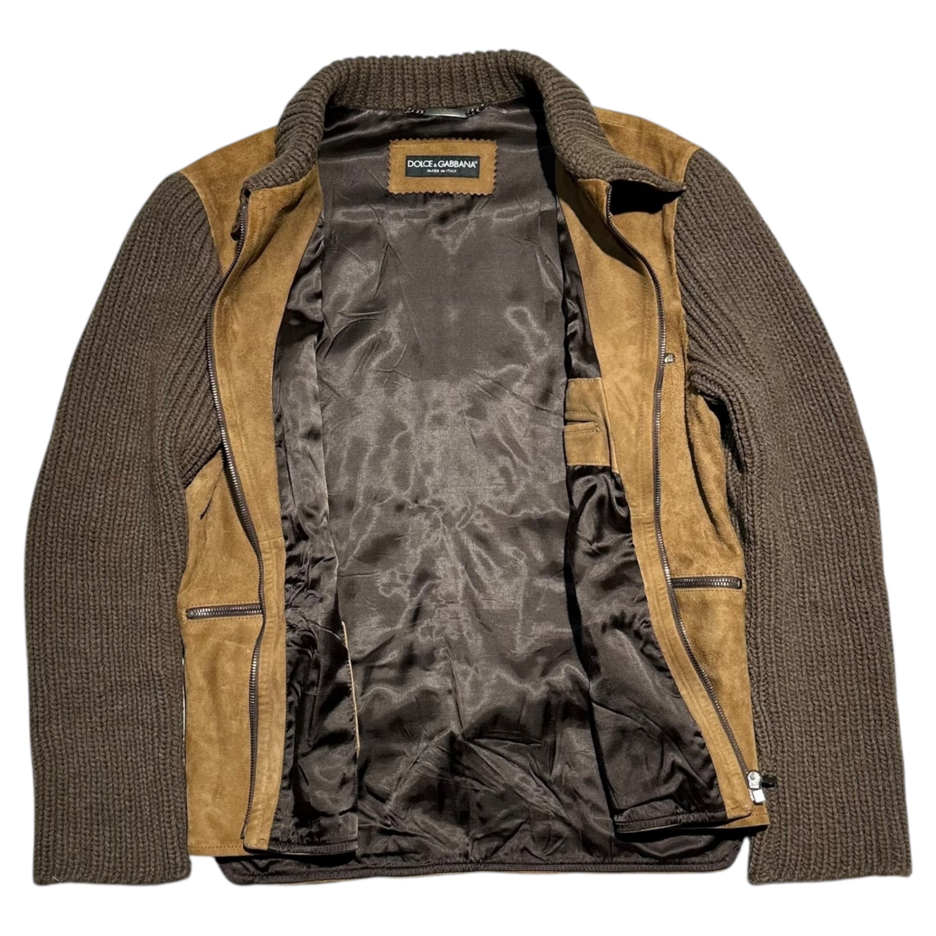 DOLCE&GABBANA(ドルチェ&ガッバーナドルガバ) Knit Sleeve Paneled Suede Leather Zip-Up Jacket ニットスリーブ 切替 スウェードレザー ジップアップ ジャケット G9Q40L 48(M程度) キャメル