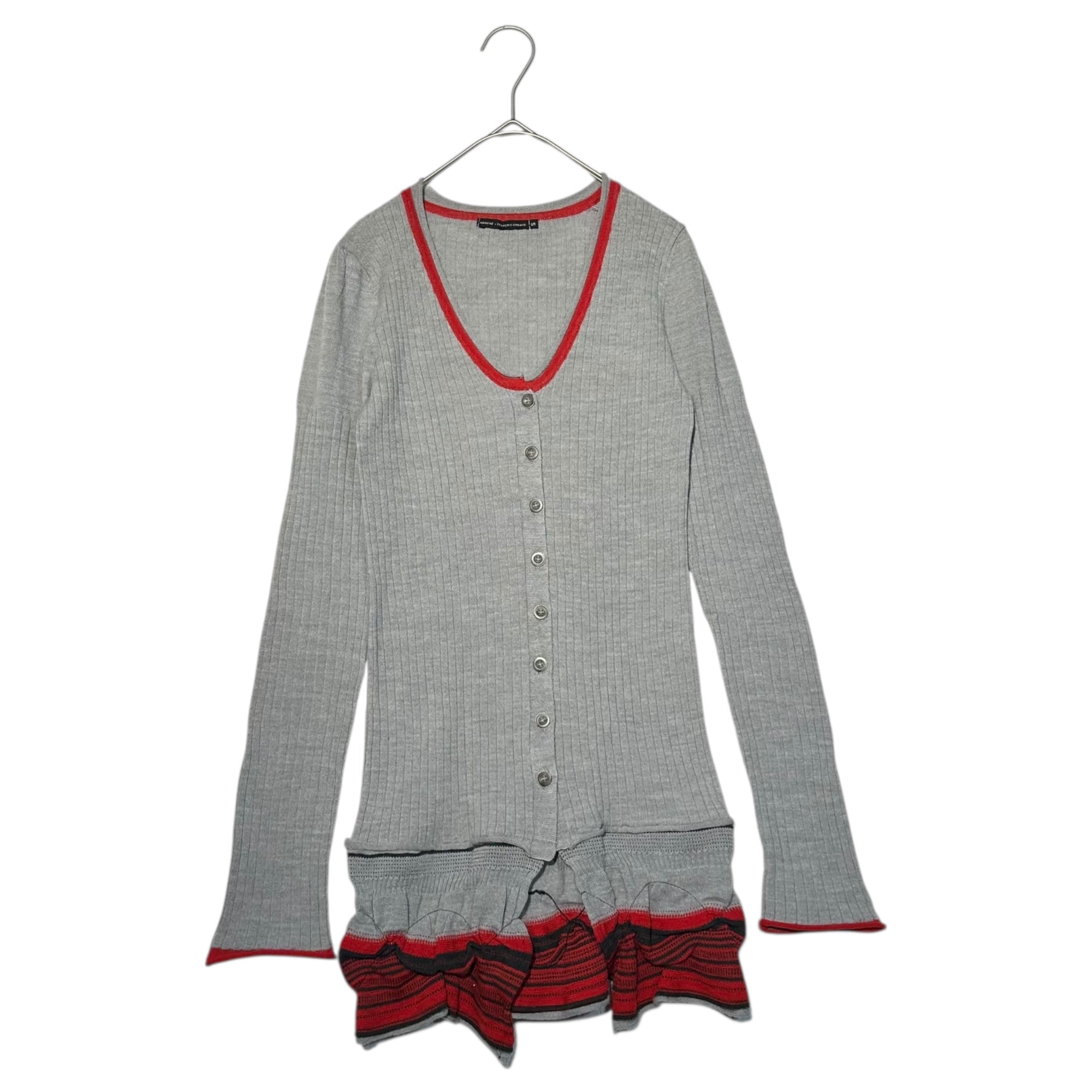 MARITHE FRANCOIS GIRBAUD(マリテフランソワジルボー) 00's Hem Design Ruffled Knit Ribbed Cardigan 裾デザイン フリル ニット リブ カーディガン F7-8004 S グレー×レッド Y2K