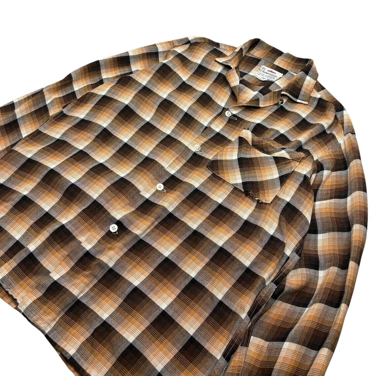 PILGRIM(ピルグリム) 60's THUNDERBIRD Ombre Check Rayon Open-Collar Shirt オンブレ チェック レーヨン オープンカラー シャツ M ブラウン 60年代 開襟