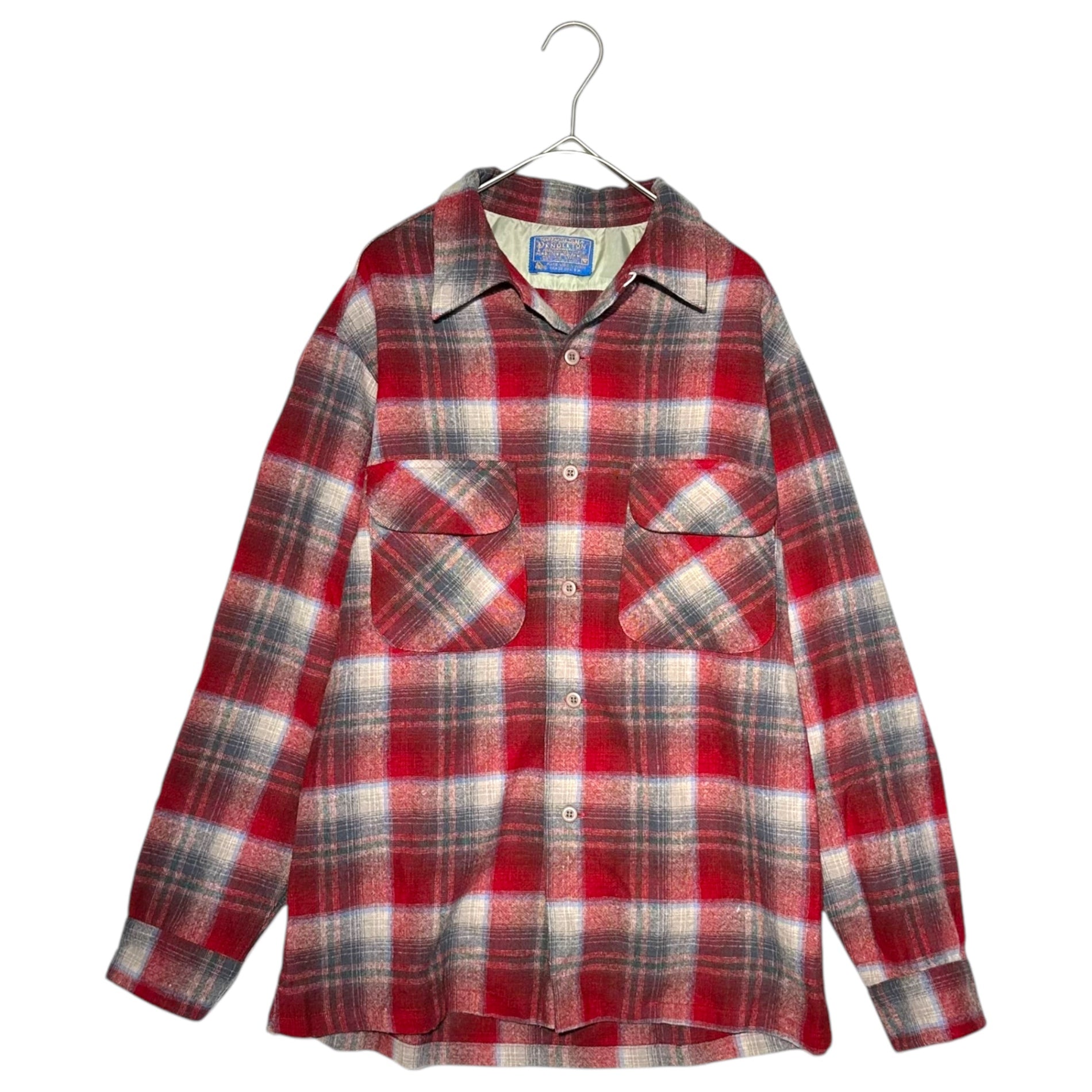 PENDLETON(ペンドルトン) 70's USA made Wool Check Flannel Shirt オープンカラー ウール チェック フランネル シャツ M レッド×グレー 70年代 ヴィンテージ 開襟