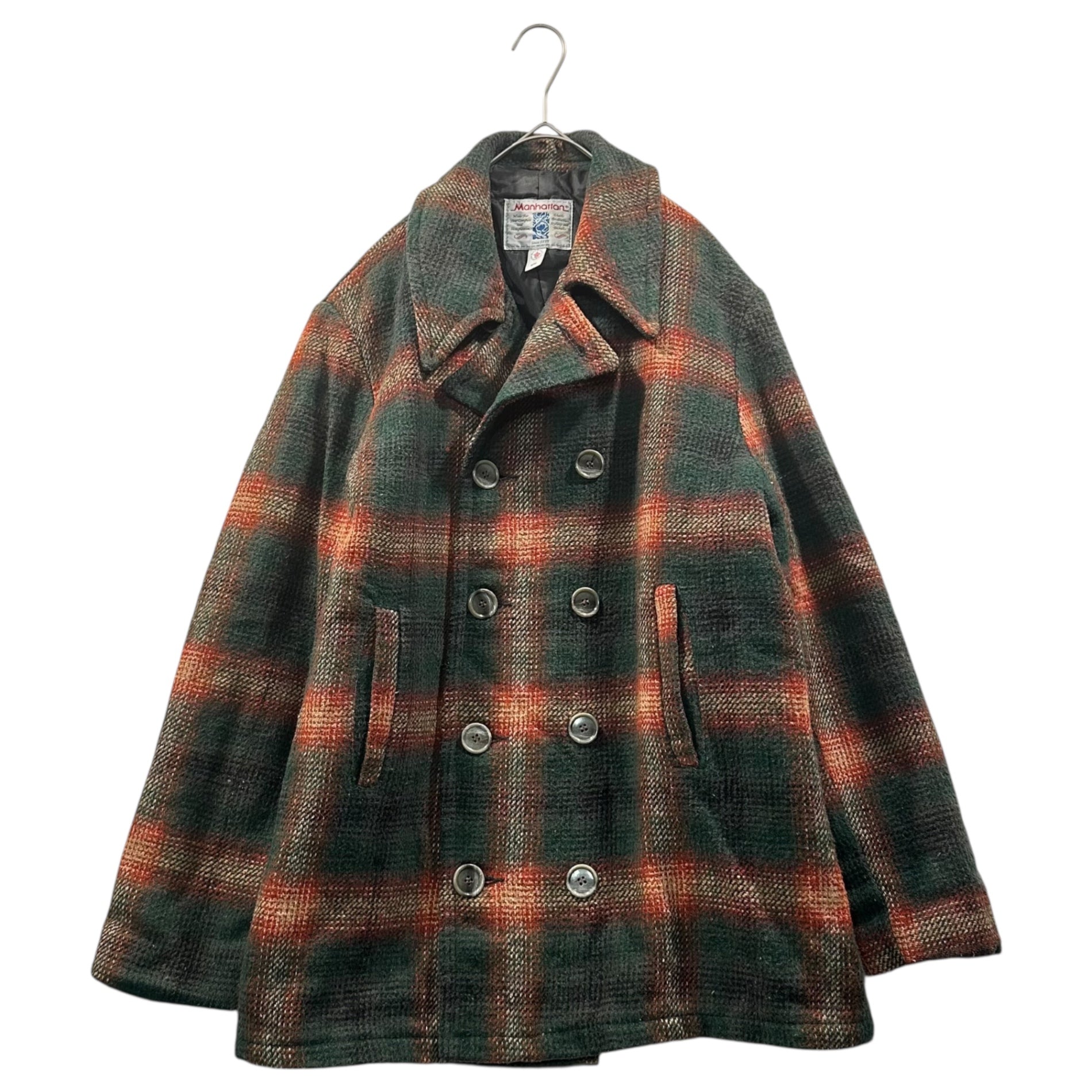 Manhhattan(マンハッタン) 80's Ombre Check Double-Lined Coat 80年代 オンブレ チェック ダブル 中綿 コート M グリーン×オレンジ Vintage ヴィンテージ 古着