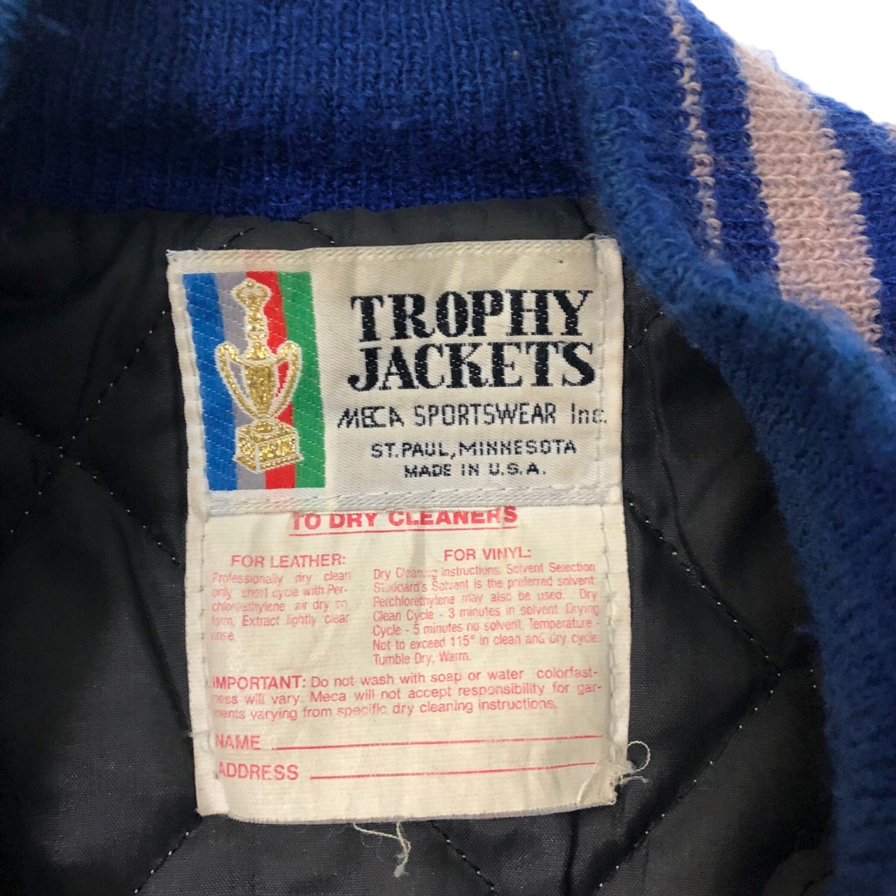 TROPHY JACKETS (トロフィージャケット) 80's~90's ヴィンテージ袖レザースタジャン/ジャケット/ブルゾン Mサイズ程度 ダークネイビー×ブルー USA製/80年代~90年代