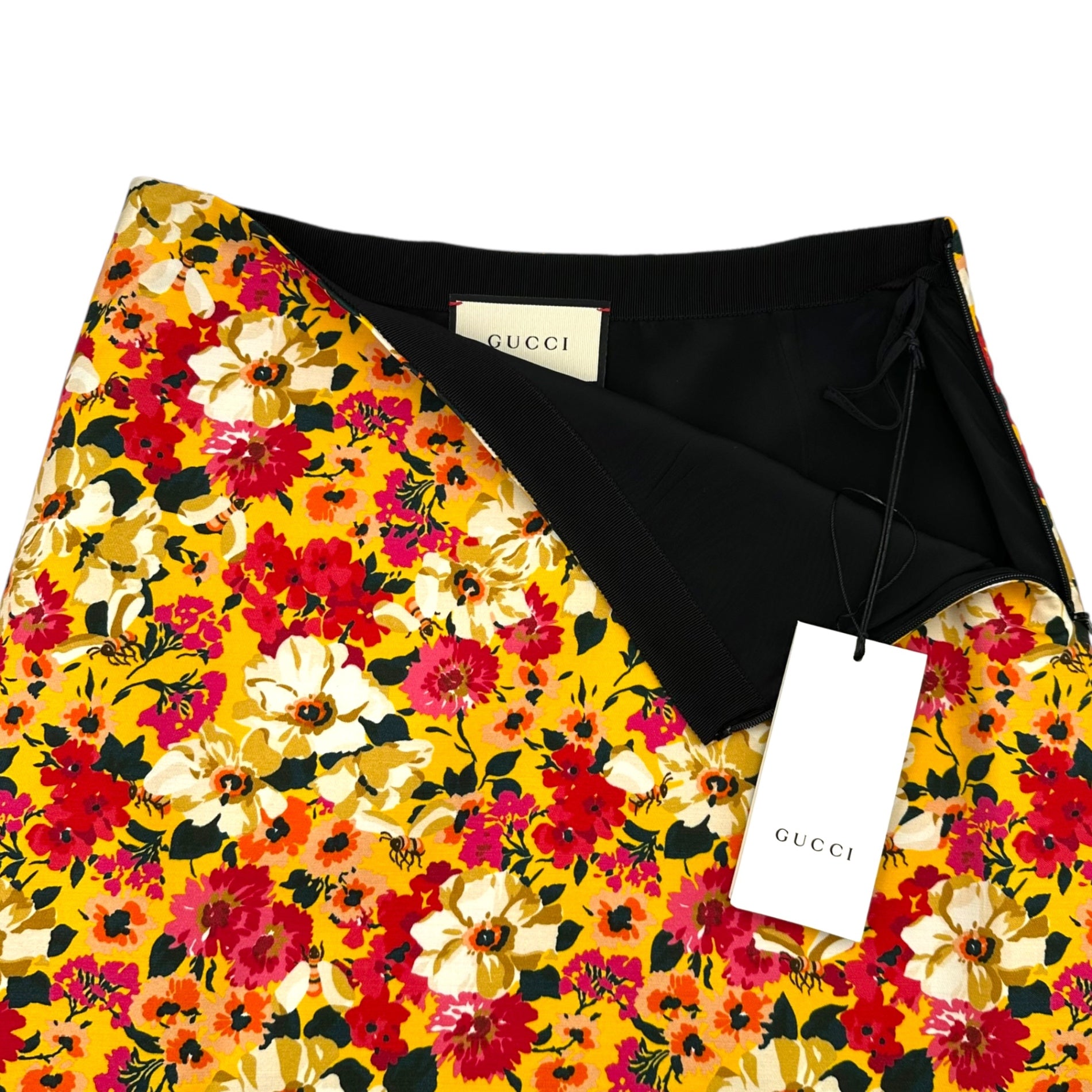 GUCCI(グッチ) 18SS Floral Print Flared Knee-Length Skirt 花柄 フレア ひざ丈 スカート 40 イエロー×ピンク Aライン