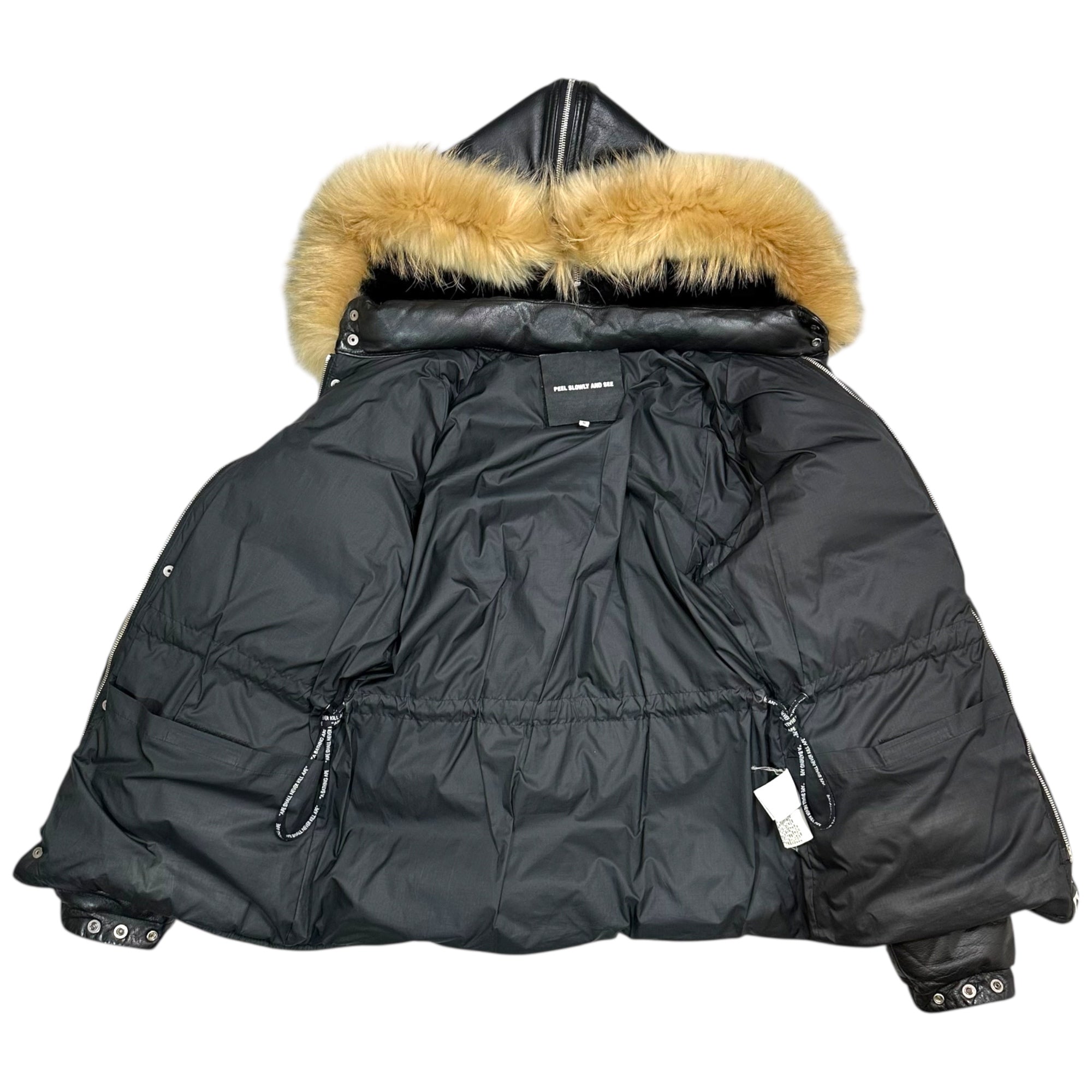 A BATHING APE(アベイシングエイプ) 00's Racoon Fur Embellished Cow Leather Down Jacket ラクーン ファー 装飾 カウレザー ダウン ジャケット S ブラック×ベージュ