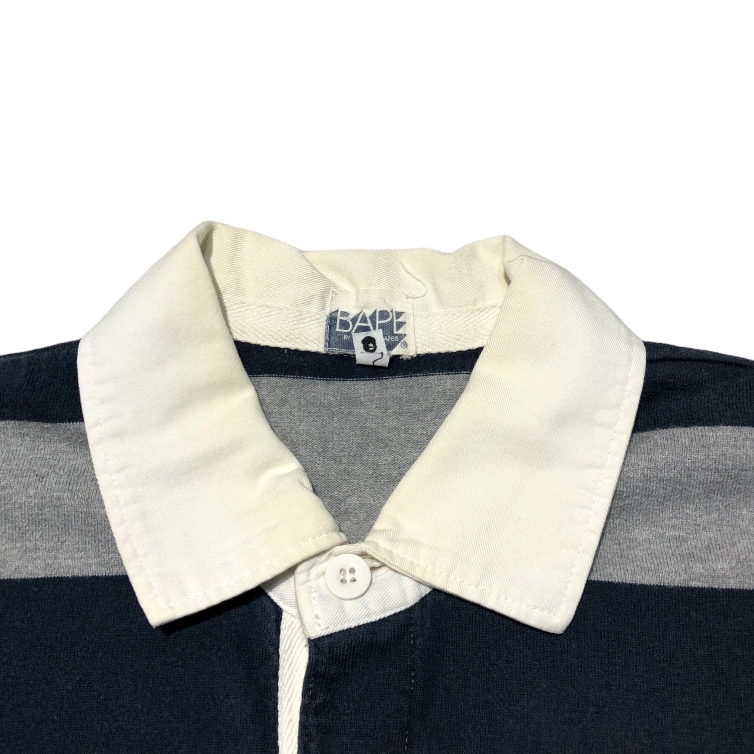 A BATHING APE(アベイシングエイプ) 00's One point logo border rugby shirt ワンポイント ロゴ ボーダー ラガー シャツ L グレー×ネイビー ポロシャツ