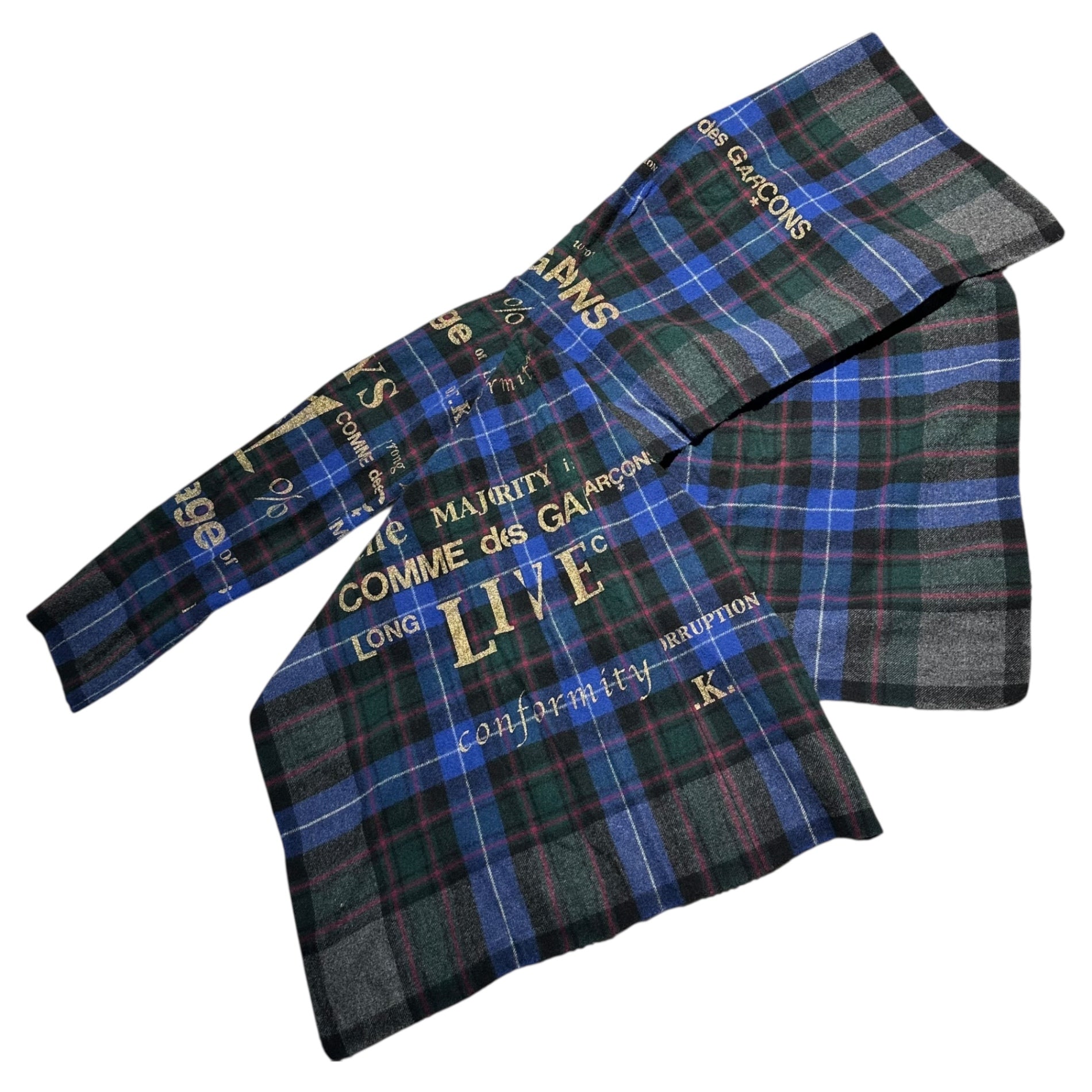 COMME des GARCONS(コムデギャルソン) 03AW Brand logo printed wool asymmetrical check jacket ブランド ロゴ プリント ウール アシンメトリー チェック ジャケット GK-J070 FREE ブルー×グリーン×レッド AD2003