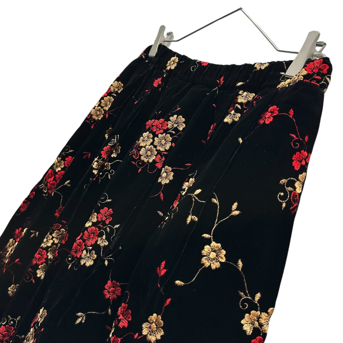 robe de chambre COMME des GARCONS(ローブドシャンブルコムデギャルソン) 2001AW Flower-Embroidered Velour Easy Flare Skirt 花 刺繍 ベロア イージー フレア スカート RC-S009 FREE ブラック×レッド×ゴールド AD2001 00s アーカイブ