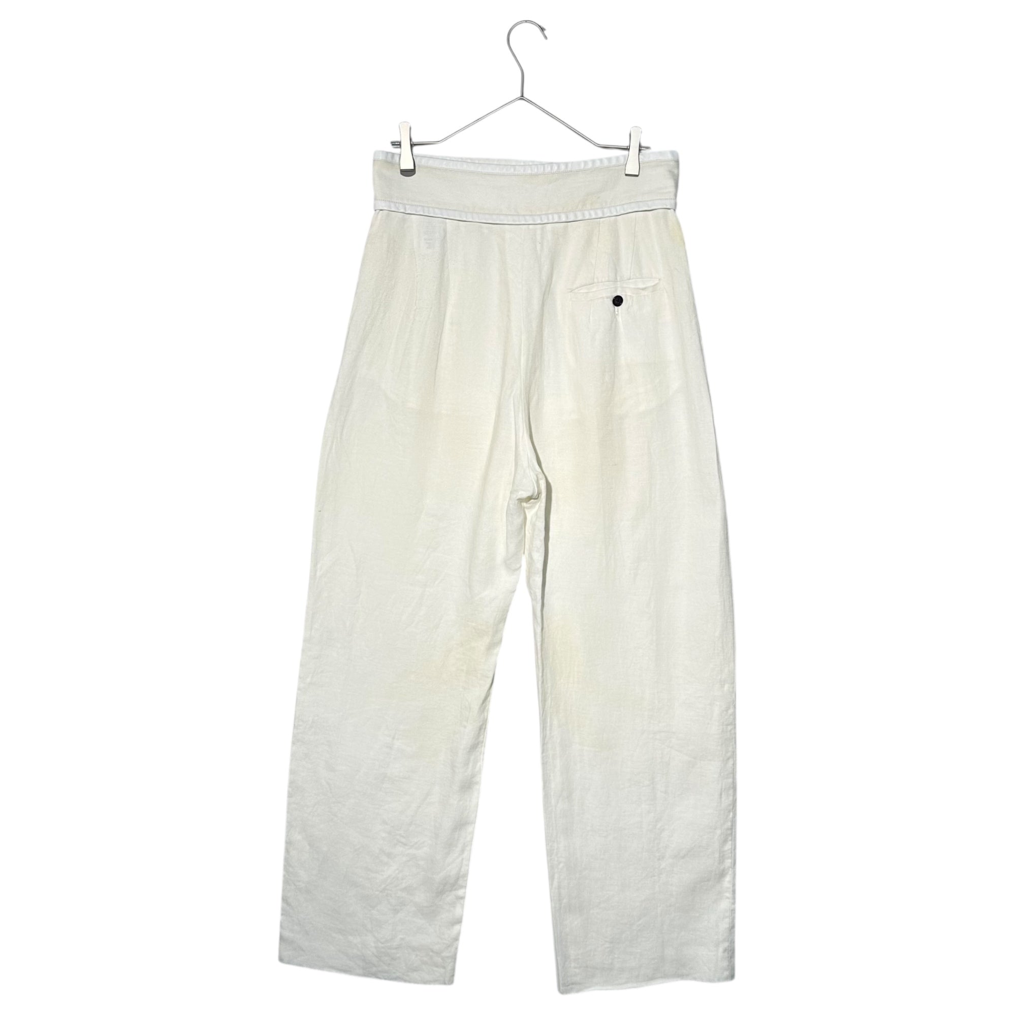 CELINE(セリーヌ) By PHOEBE Waistband Leather-Trimmed Linen Wide-Leg Pants フィービー期 ウエスト レザー 切替 リネン ワイド パンツ 21P32 40(L程度) オフホワイト アーカイブ
