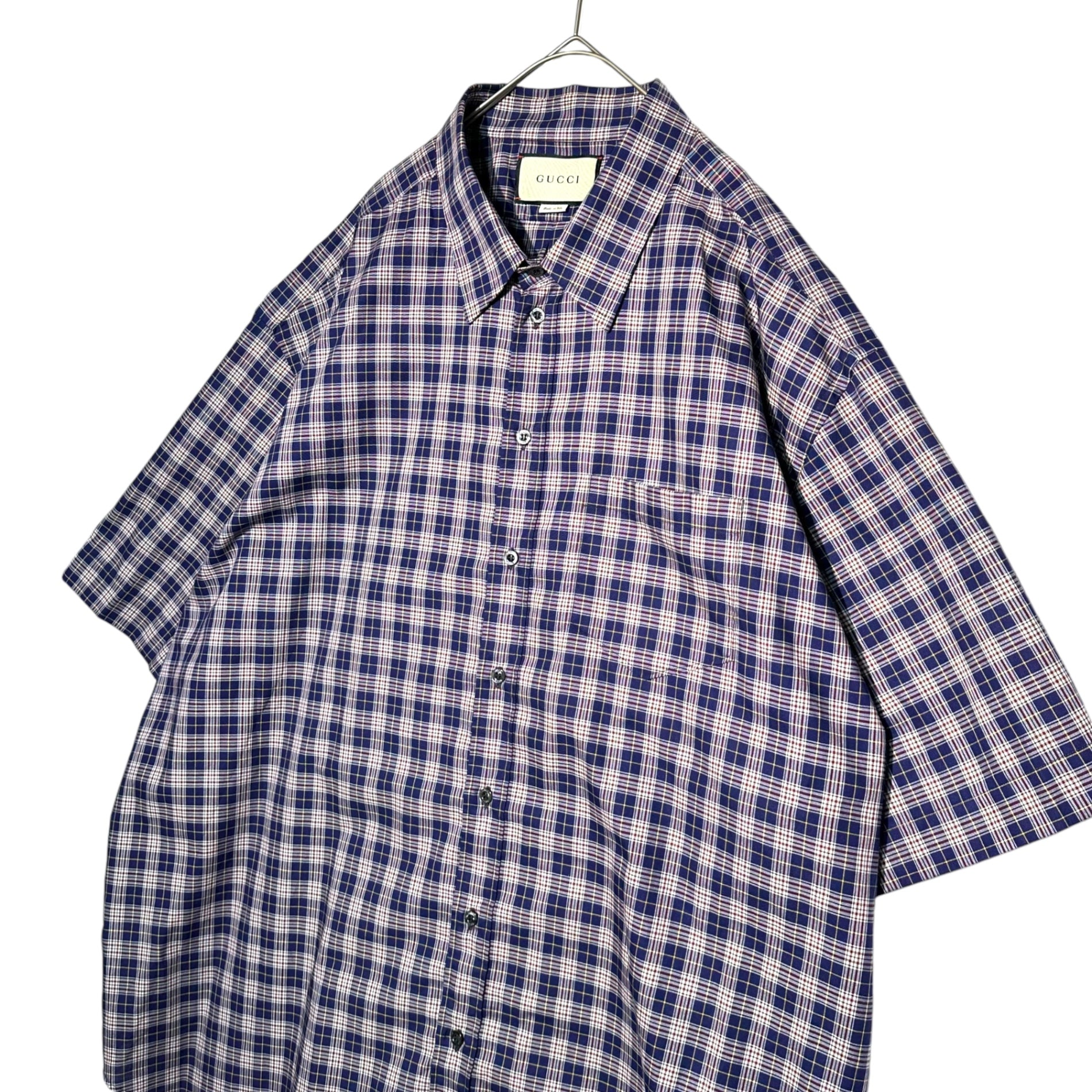 GUCCI(グッチ) 18SS ミケーレ期 ZAAZX Oversized Tartan Check S/S Shirt オーバーサイズ タータン チェック 半袖 シャツ 557391 48 パープル×レッド