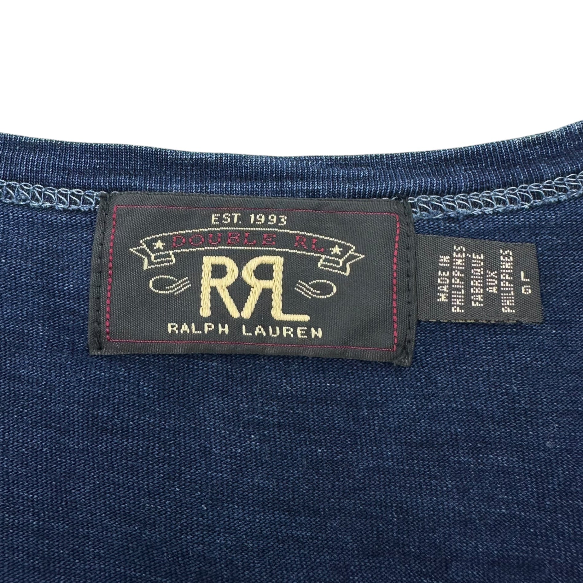 RRL(ダブルアールエル) Indigo Dyed Front Print Crew Neck T-Shirt インディゴ染め フロント プリント クルーネック Tシャツ NAVYプリント L インディゴ×イエロー 品質表示タグ切取