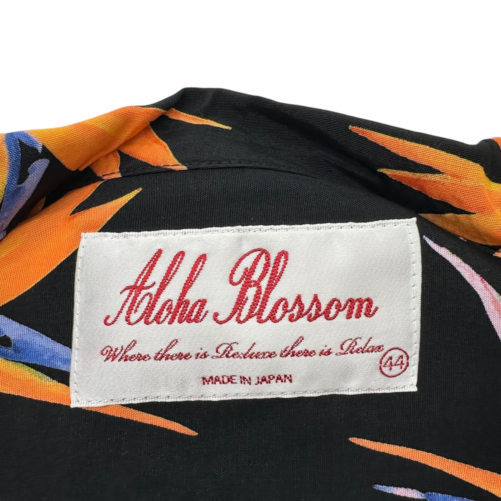 Aloha Blossom(アロハブロッサム) Bird of Paradise Flower Total Pattern Aloha Shirt 極楽鳥花 総柄 アロハシャツ 44(L程度) ブラック×オレンジ