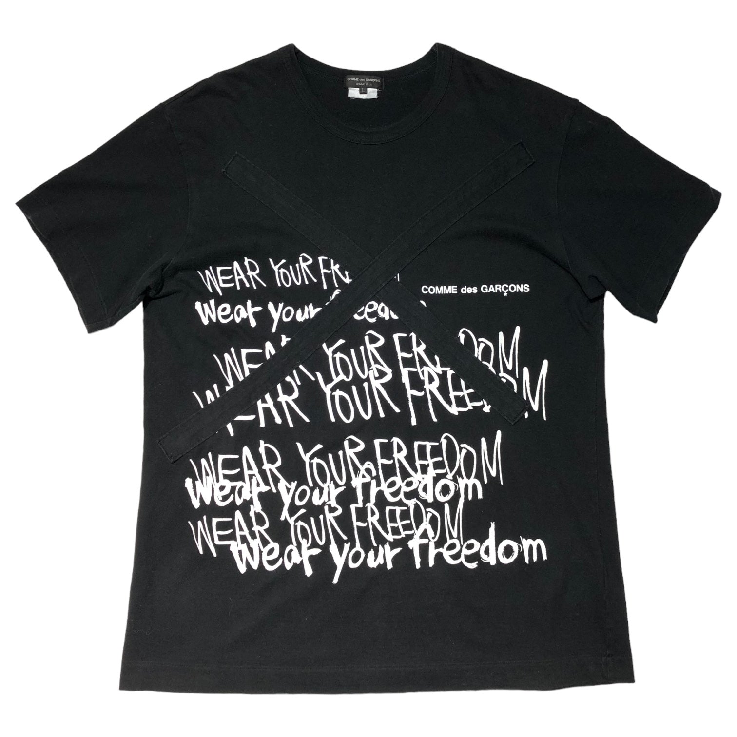 COMME des GARCONS HOMME PLUS(コムデギャルソンオムプリュス) 20SS Message print T-shirt メッセージ プリント Tシャツ PX-T005 L ブラック×ホワイト AD2019 ロゴ クロスデザイン 半袖