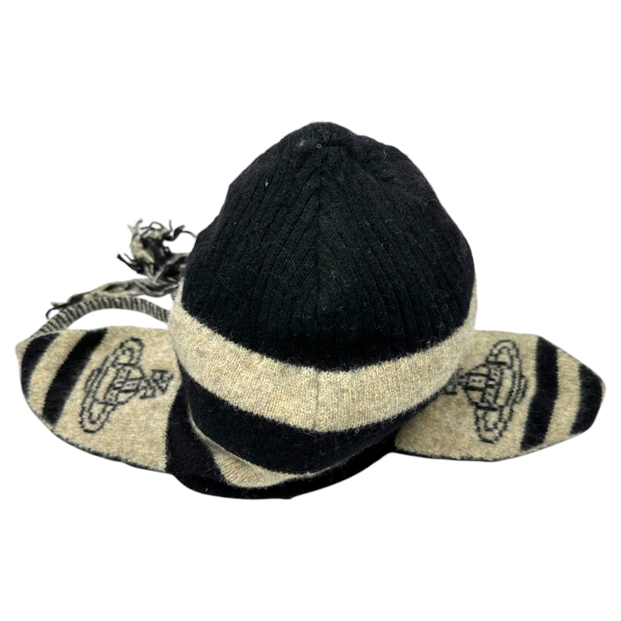 Vivienne Westwood ACCESSORIES(ヴィヴィアンウエストウッドアクセサリー) 00's knit hat with ear flaps 耳当て付き ニット帽 ブラック×グレー ムーンバットタグ Y2K ビーニー
