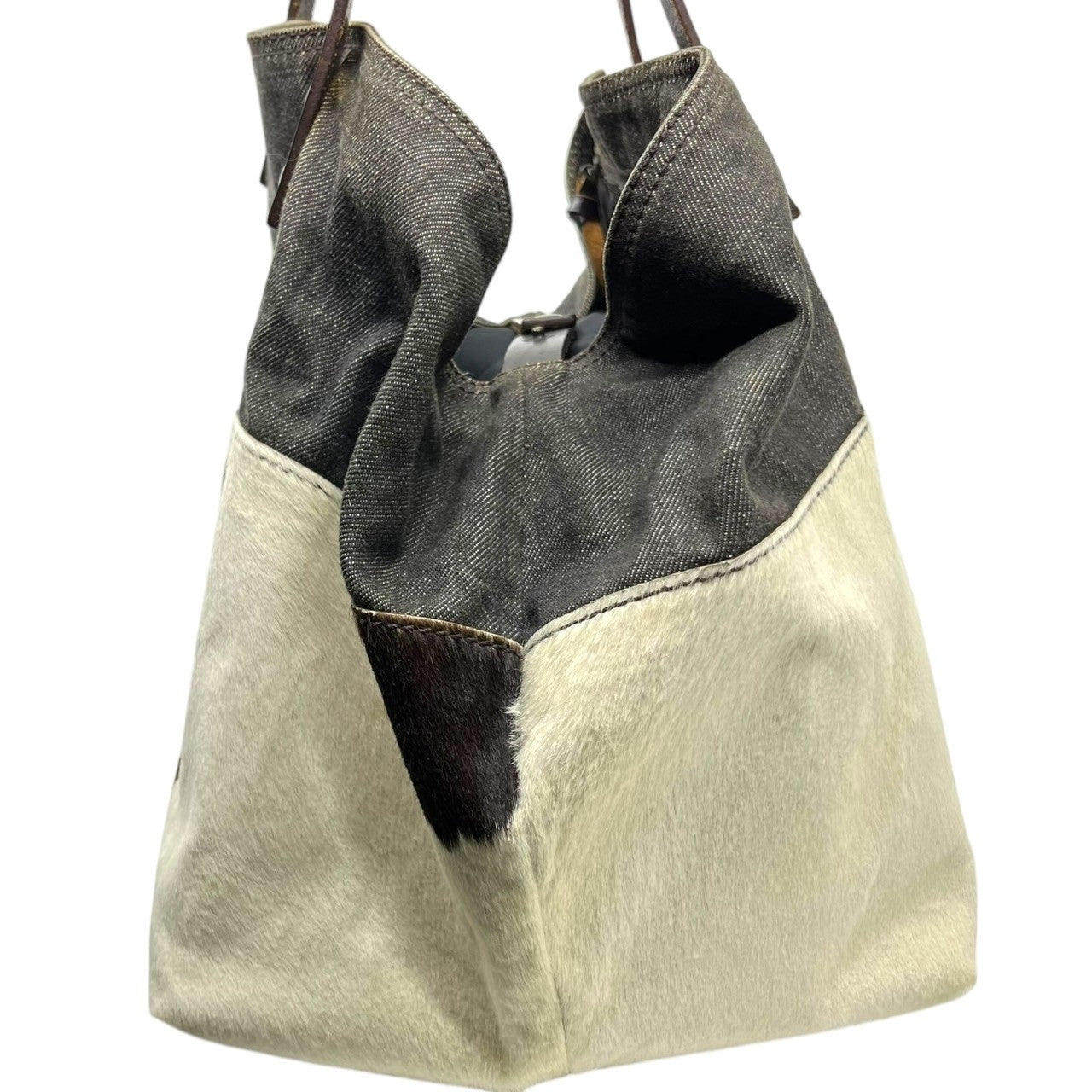 miumiu(ミュウミュウ) 00's Haraco leather denim switching tote bag ハラコ レザー デニム 切替 トート バッグ ホワイト×ブラウン Y2K ハンド ワンショルダー
