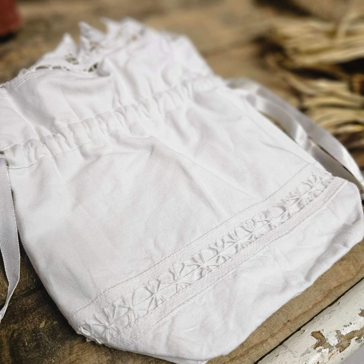 Euro antique(ヨーロッパアンティーク) antique linen and batten lace purse アンティークリネンとバテンレースの巾着バッグ ポーチ 未使用に近い ホワイト