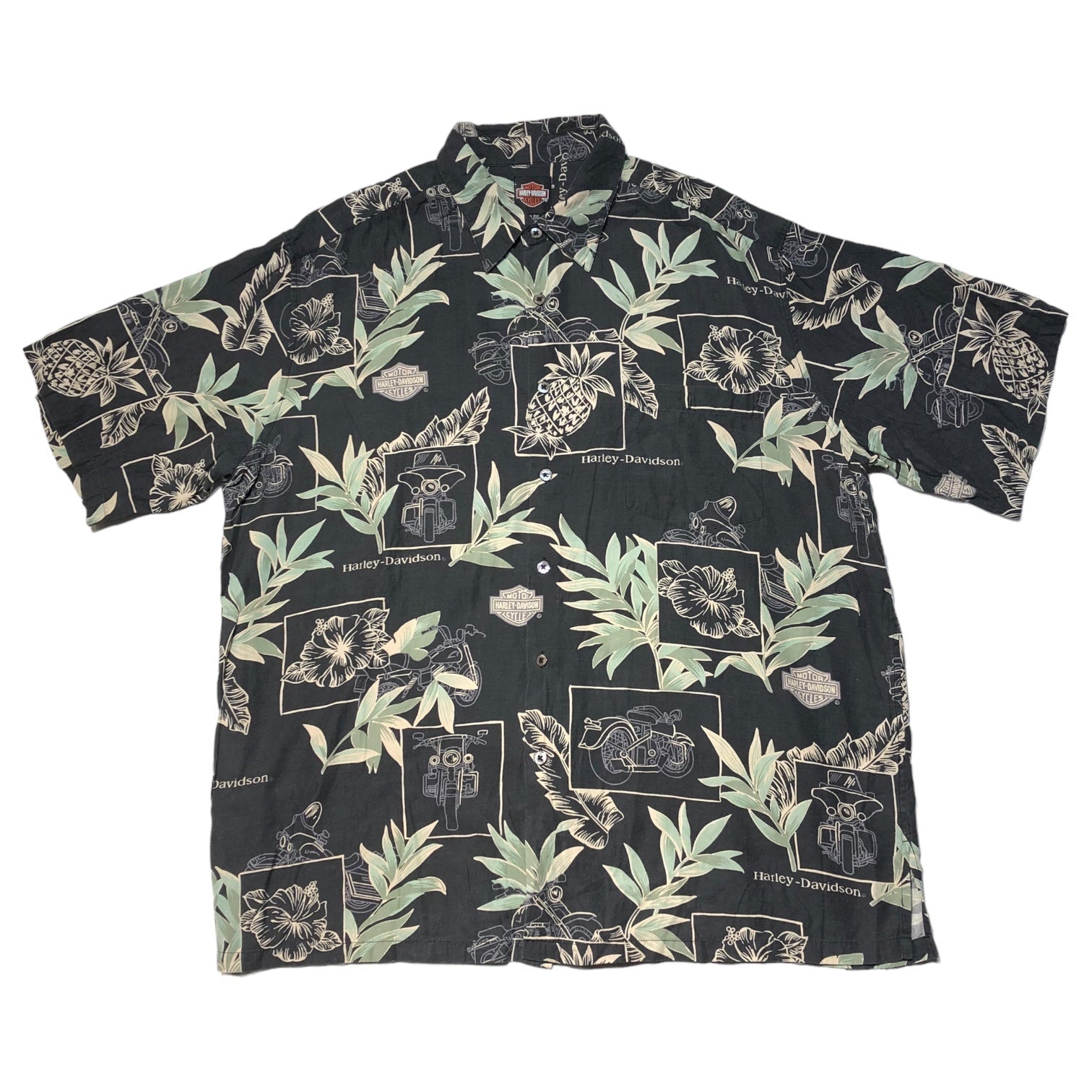 HARLEY DAVIDSON(ハーレーダビッドソン) Silk cotton aloha shirt シルク コットン アロハ シャツ 半袖 総柄 アイビスカス 2XL ブラック