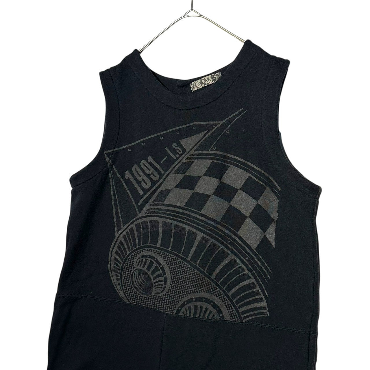 i.s. ISSEY MIYAKE(アイエス イッセイミヤケ) 1991 checkered flag Graphic Print Sleeveless Jumpsuit チェッカー フラッグ グラフィック プリント ノースリーブ ジャンプスーツ IS13-JI003 M ブラック 90's 90年代 アーカイブ サロペット つなぎ オールインワン