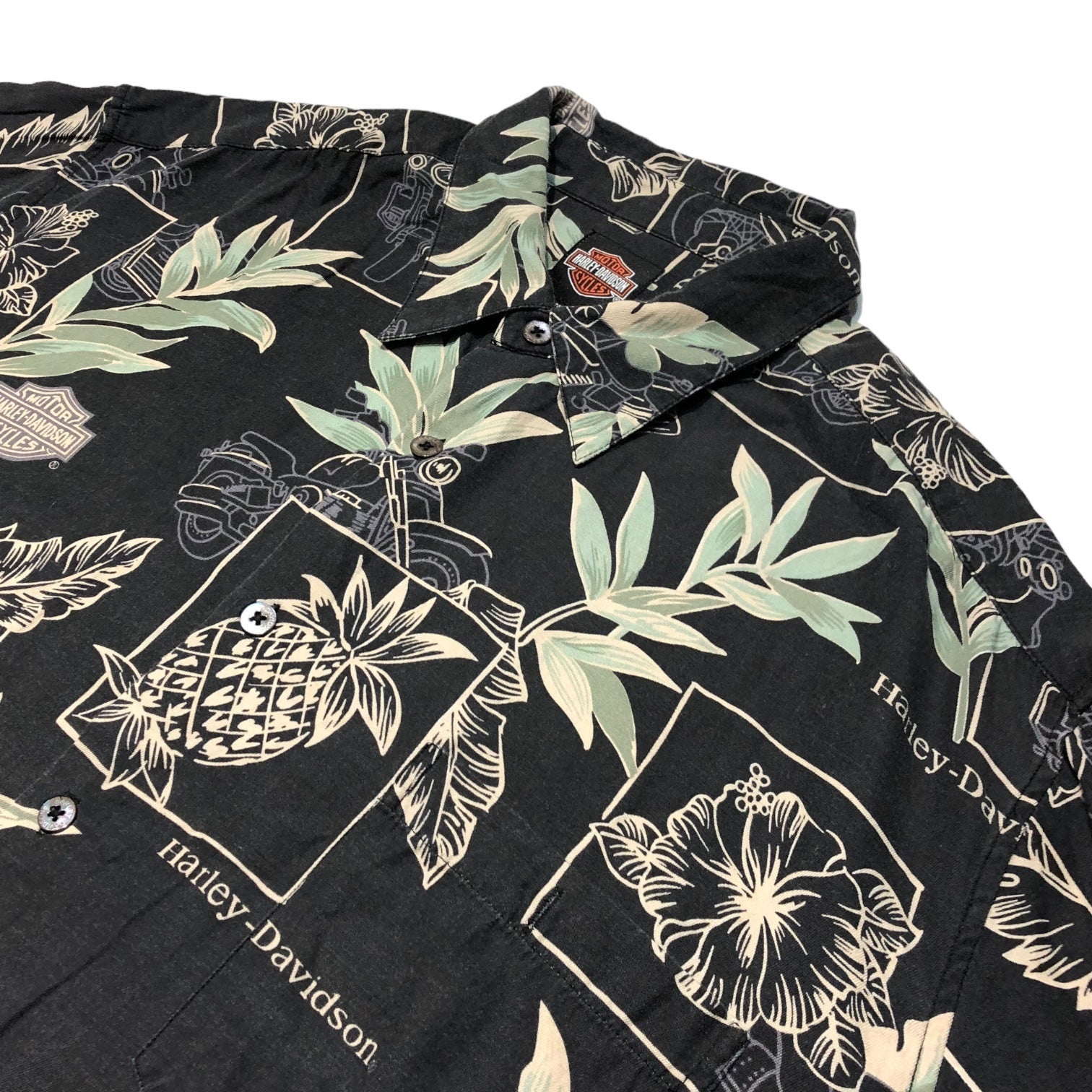 HARLEY DAVIDSON(ハーレーダビッドソン) Silk cotton aloha shirt シルク コットン アロハ シャツ 半袖 総柄 アイビスカス 2XL ブラック
