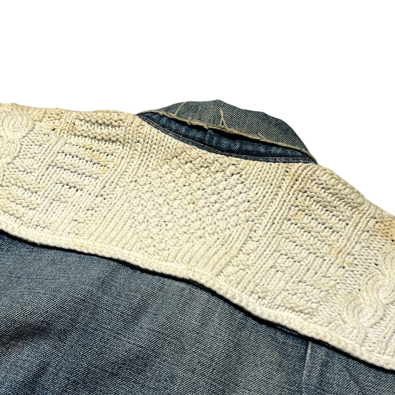 FRAGMENT DESIGN × LEVI'S FENOM(フラグメントデザイン×リーバイスフェノム) 00's Knit switching 1st model trucker denim jacket ニット切替 ファーストモデル トラッカー デニムジャケット 3016-2 FM13-0001 M インディゴ×オフホワイト 藤原ヒロシ モンクレールコラボ元ネタ ヴィンテージ加工(汚れは加工です)