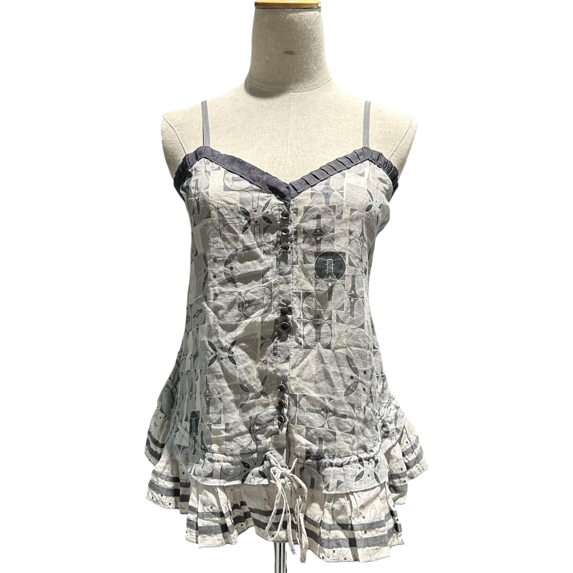 MARITHE FRANCOIS GIRBAUD(マリテフランソワジルボー) 00's All-over print linen camisole blouse 総柄 リネン キャミソール ブラウス F6-5356 M グレー Y2K ビスチェ フレア