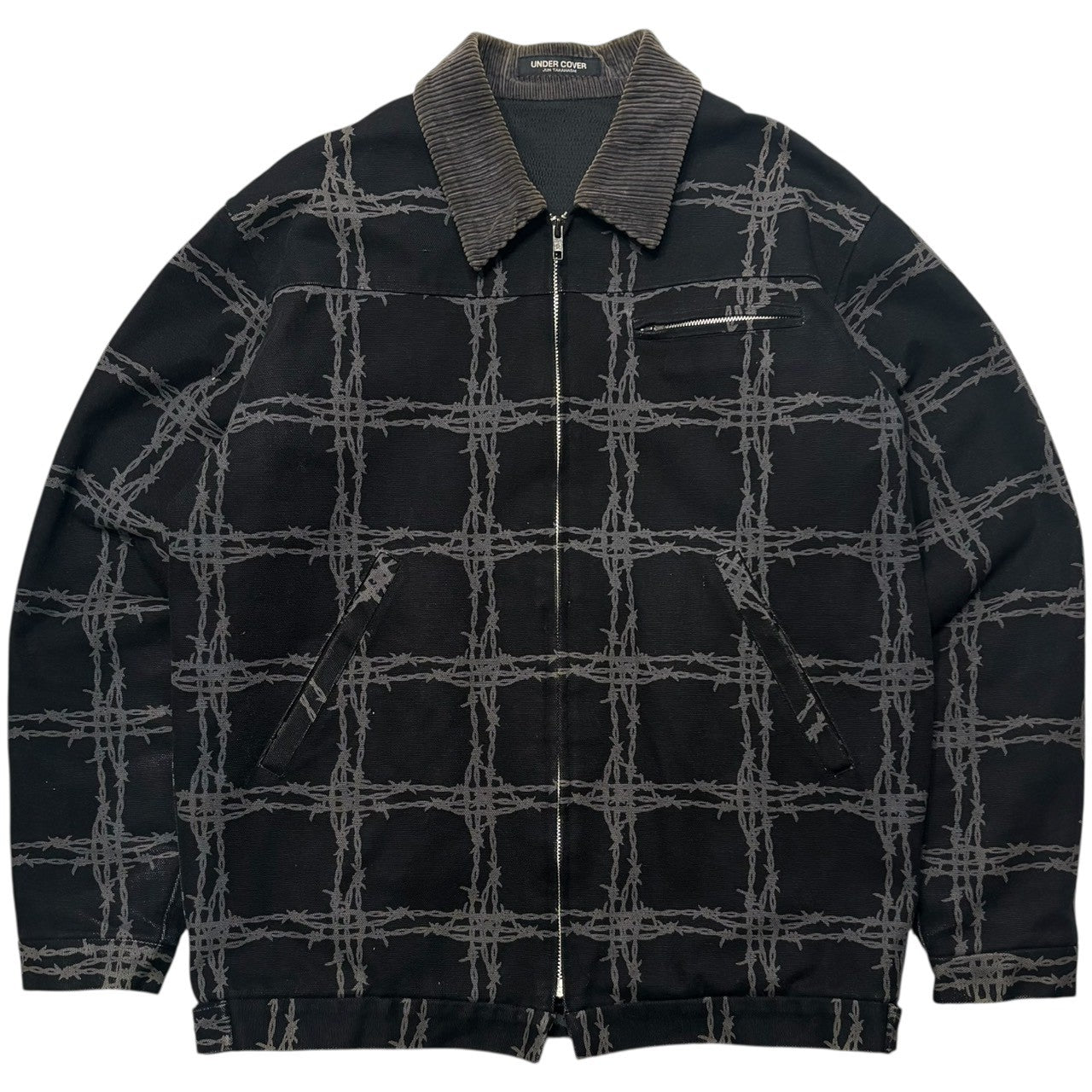【実店舗限定アイテム】UNDERCOVER(アンダーカバー) 96AW WIRE Period Barbed Wire Print Duck Fabric Corduroy Collar Zip-Up Jacket WIRE期 有刺鉄線 プリント ダック地 コーデュロイカラー ジップアップ ジャケット UC-6W-JK-09 FREE ブラック×グレー 1996年 ワイヤー期 オリジナル 稀少品