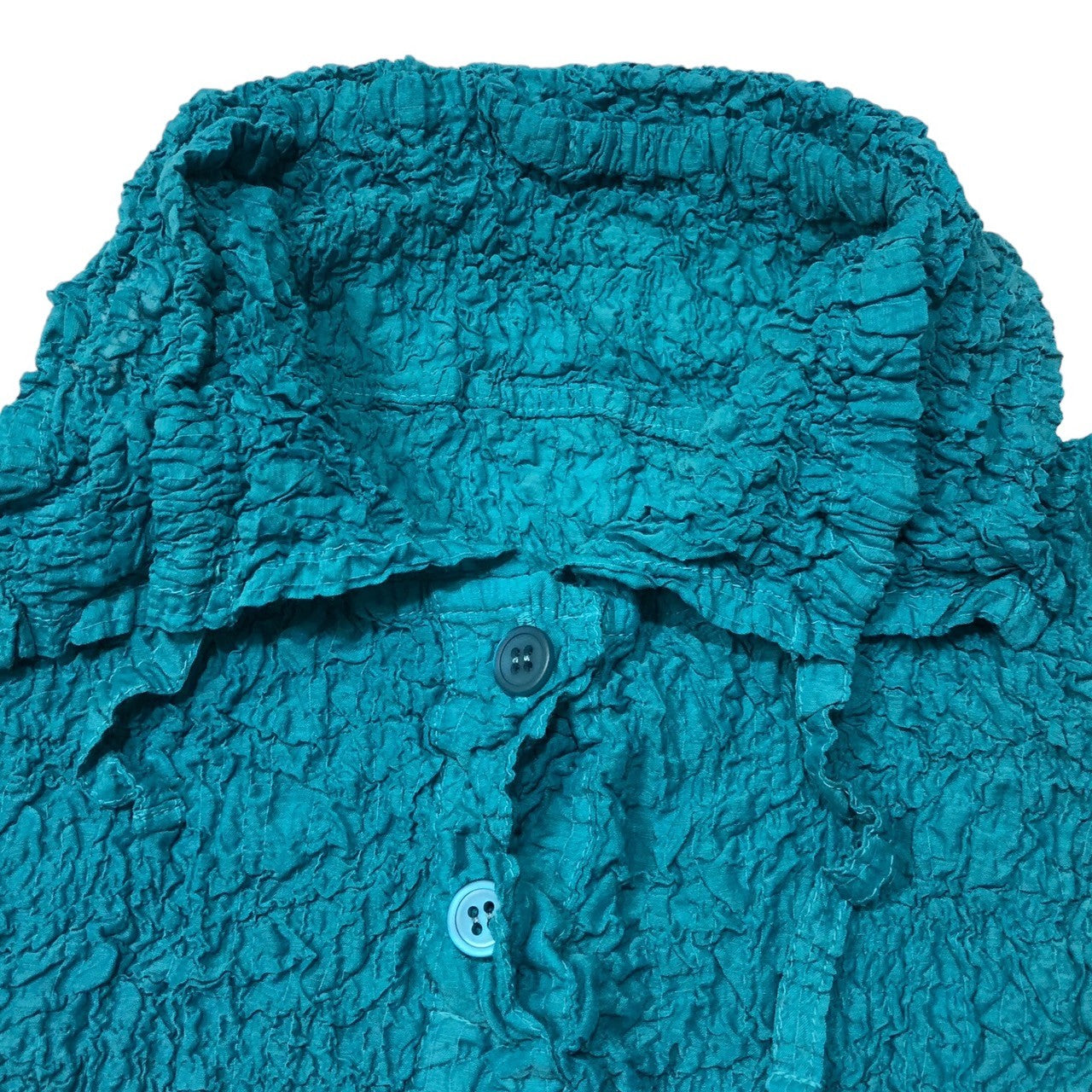 me ISSEY MIYAKE(ミーイッセイミヤケ) 16AW wrinkle pleated polo shirt シワ プリーツ ブラウス MI64FM209 -(FREE) ターコイズブルー リボン 半袖 ポロシャツ