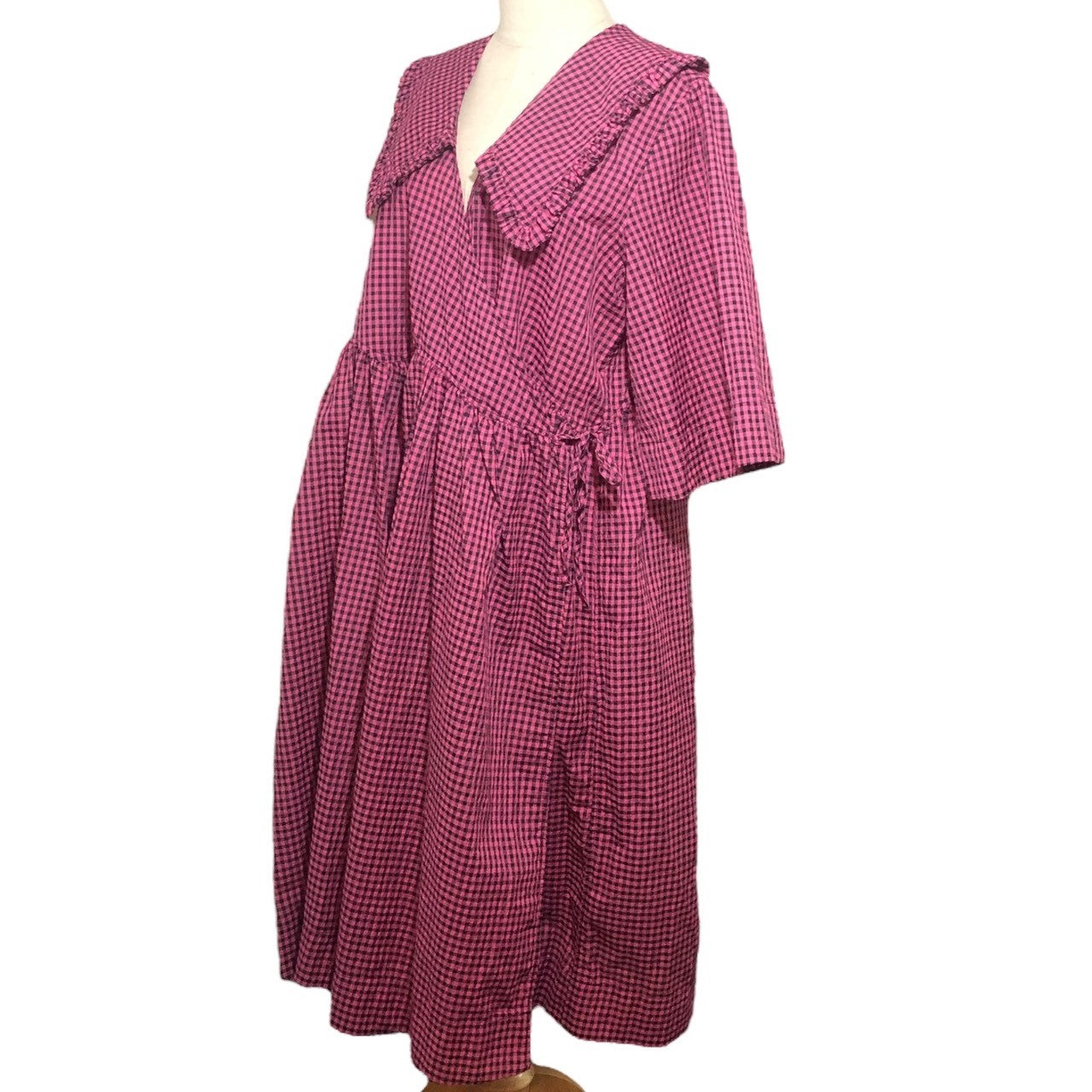 GANNI(ガニー) エリザベスカラー シアサッカー カシュクール ロング ワンピース BA.D6455 S/M ピンク×ブラック