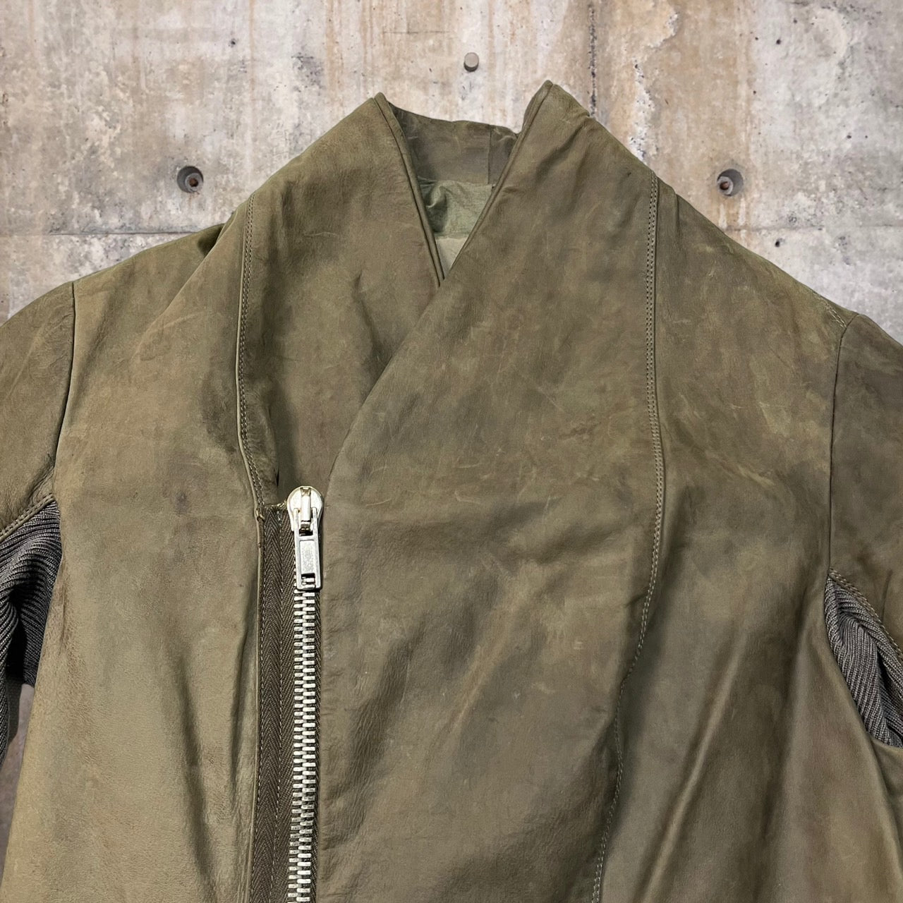 Rick Owens(リックオウエンス) rib knit leather jacket/リブニット切替スタンドカラーレザージャケット/ライダースジャケット RP9712/LT 40(Lサイズ程度) ブラウン