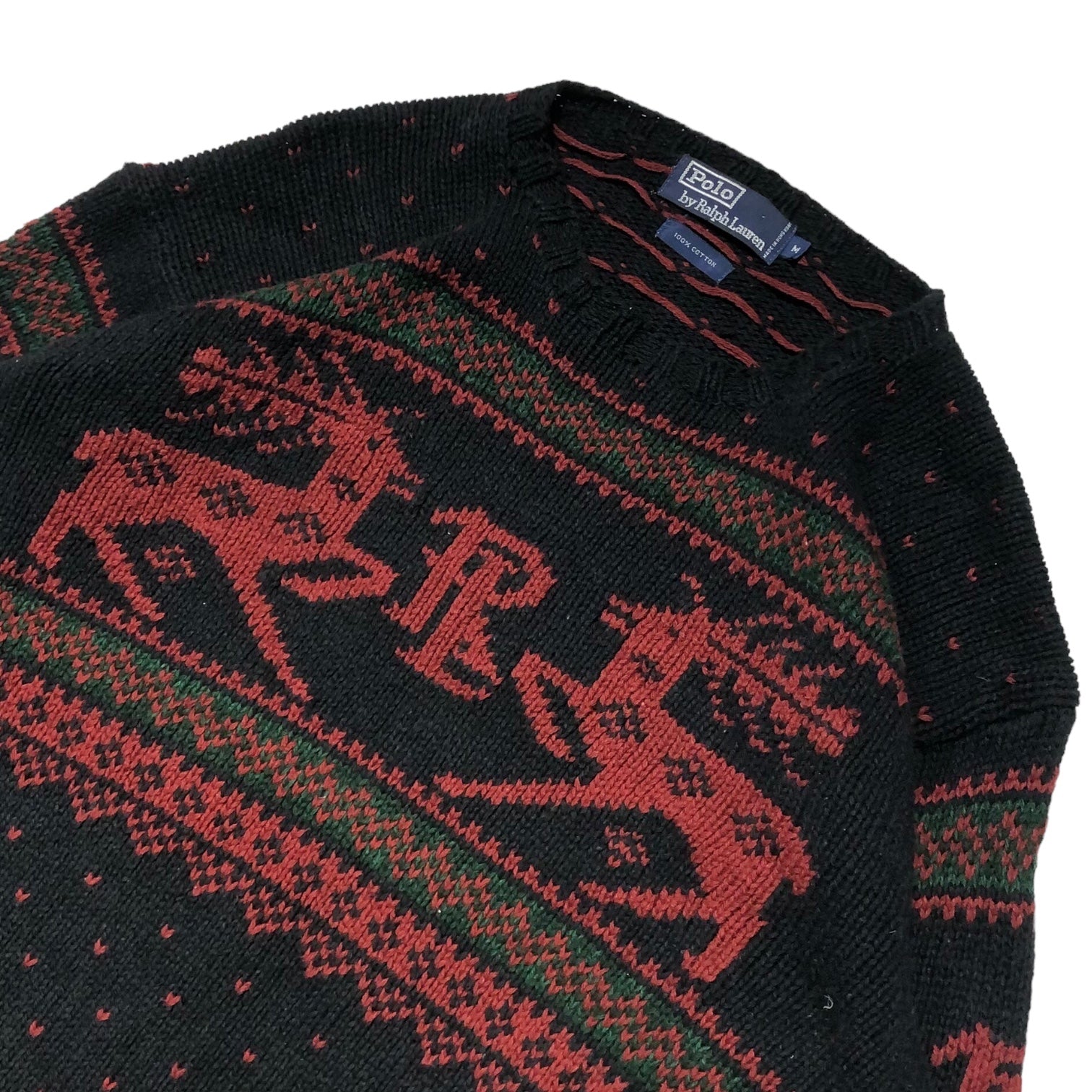 POLO RALPH LAUREN(ポロラルフローレン) 90’s nordic pattern logo knit ノルディック 柄 ロゴ ニット M ネイビー×レッド 90年代 コットン ヴィンテージ クルーネック