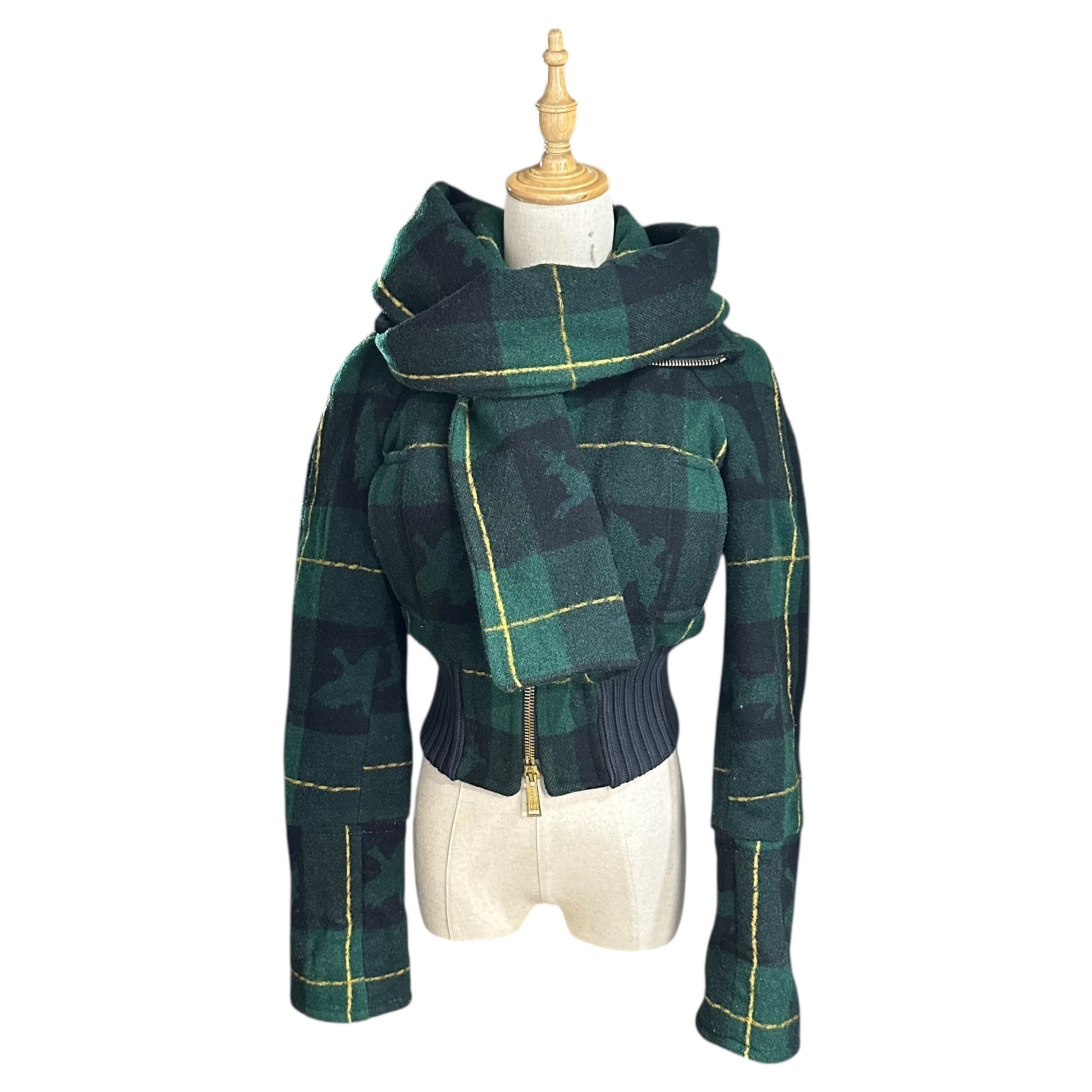 DSQUARED2(ディースクエアード) Wide ribbed short length check blouson with detachable wool scarf 取り外し可能 ウール マフラー 付属 ワイド リブ ショート丈 チェック ブルゾン 72 K026 40(L) グリーン