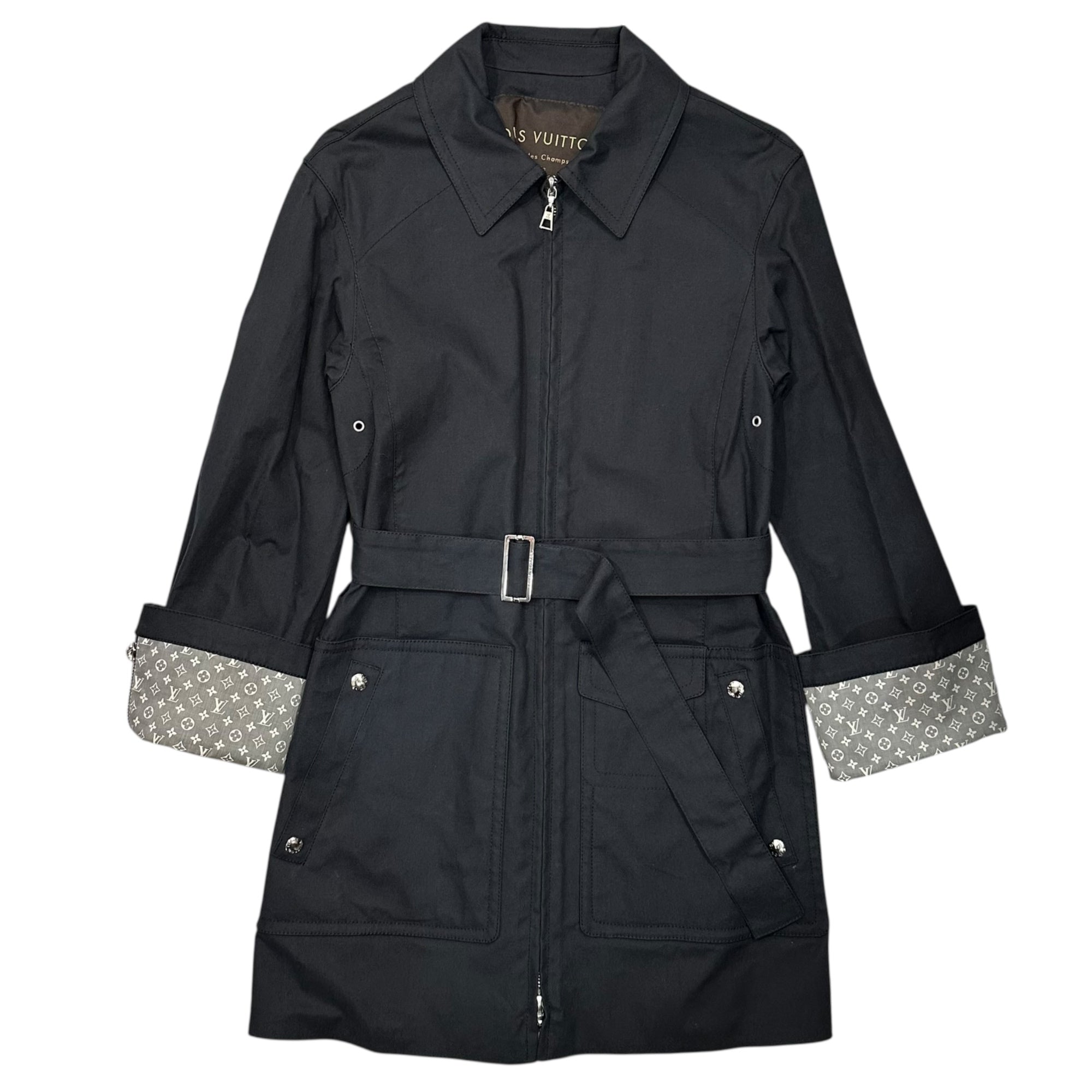 LOUIS VUITTON(ルイヴィトン) Monogram Zip-Up Coated Coat モノグラム ジップアップ ゴム引き コート 34(XS~S程度) ブラック ベルテッド マッキントッシュ ゴム引き