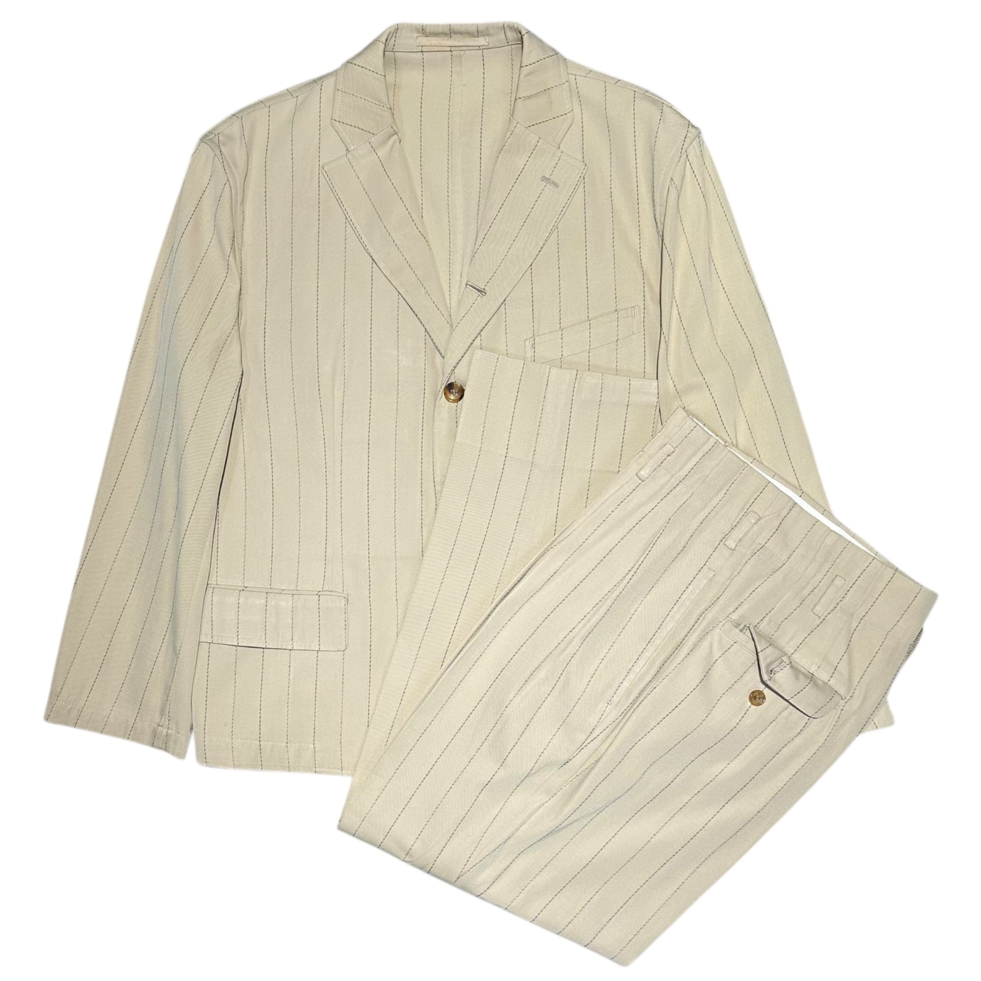 COMME des GARCONS HOMME PLUS(コムデギャルソンオムプリュス) 90SS Ac/Co 4B Stripe Set upアセテート コットン 3B ストライプ テーラード ジャケット セットアップ PJ・11027S S ベージュ AD1989 スラックス パンツ