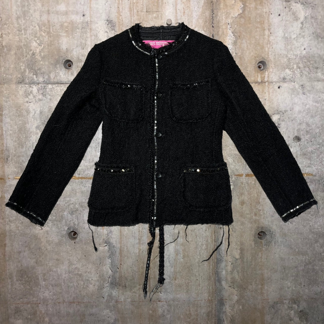 COMME des GARCONS JUNYA WATANABE MAN PINK(コムデギャルソンジュンヤワタナベマンピンク) 05AW sequin tweed jacket/スパンコールテープツイードジャケット/ノーカラーウールジャケット UP-J025 S ブラック AD2005