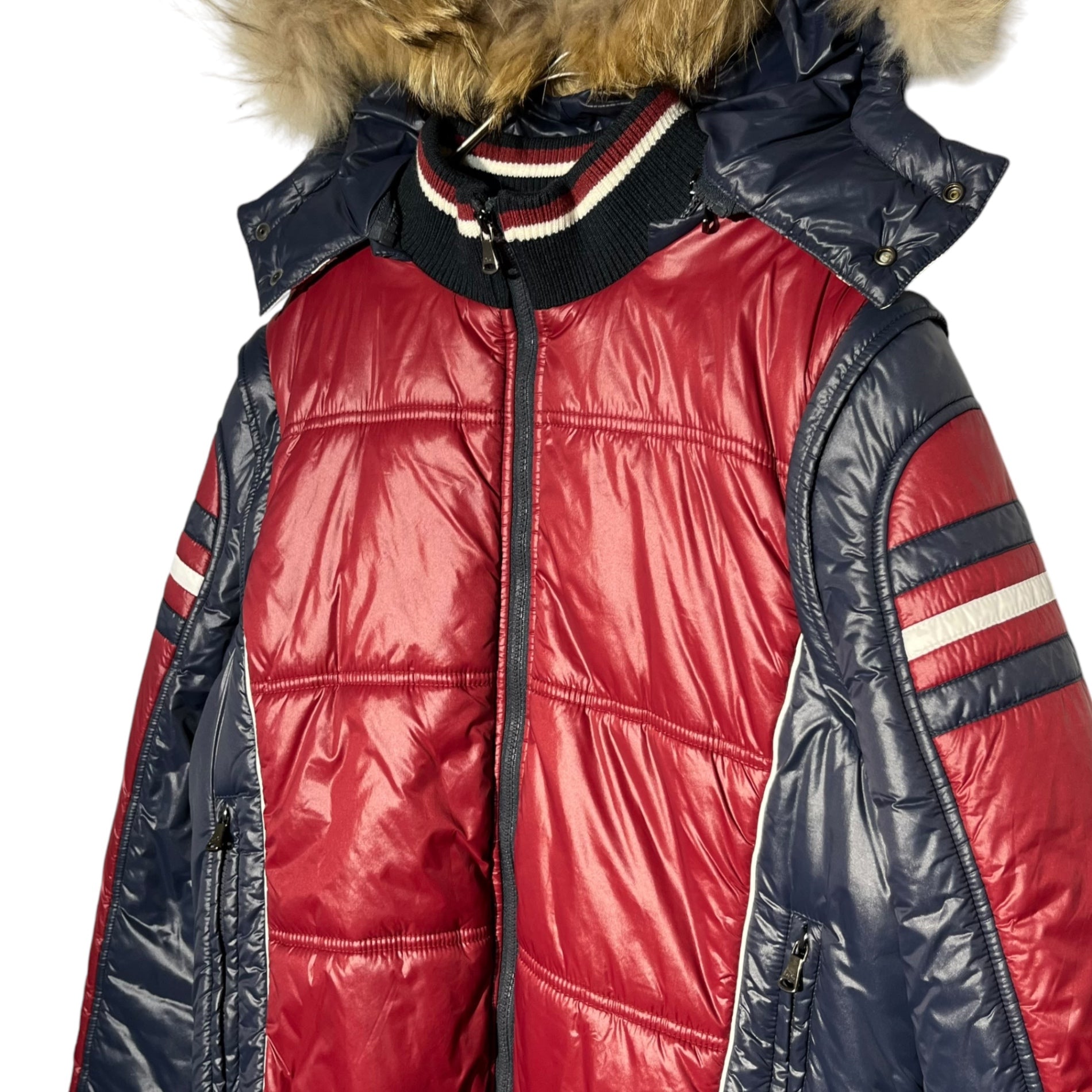 DOLCE&GABBANA(ドルチェ&ガッバーナドルガバ) 00's Union Jack Hoodie Fur Paddet Jacket ユニオンジャック フーディー ファー 中綿 ジャケット 46(M程度) レッド×ネイビー