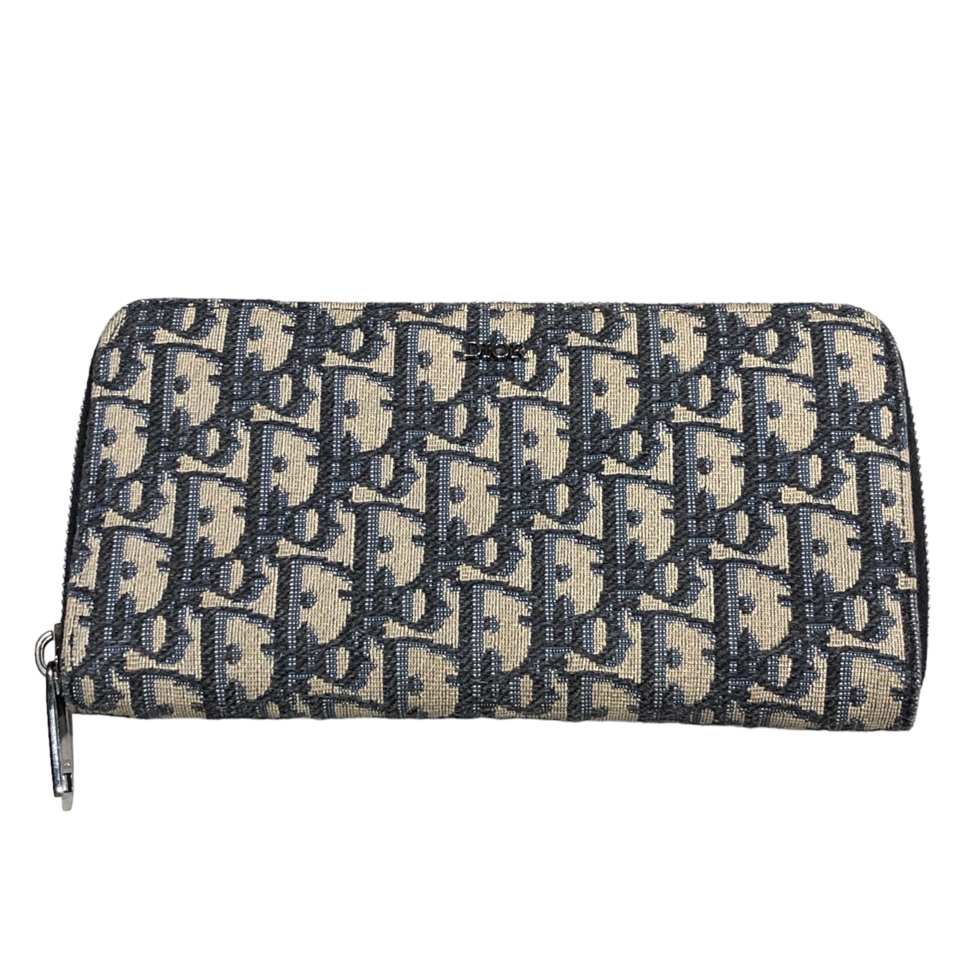 Dior(ディオール) Oblique jacquard long zip wallet オブリーグ ジャカード ロングジップウォレット 10-bo-0252 ベージュ×ネイビー ラウンドファスナー 長財布 ロゴ 参考定価115500円