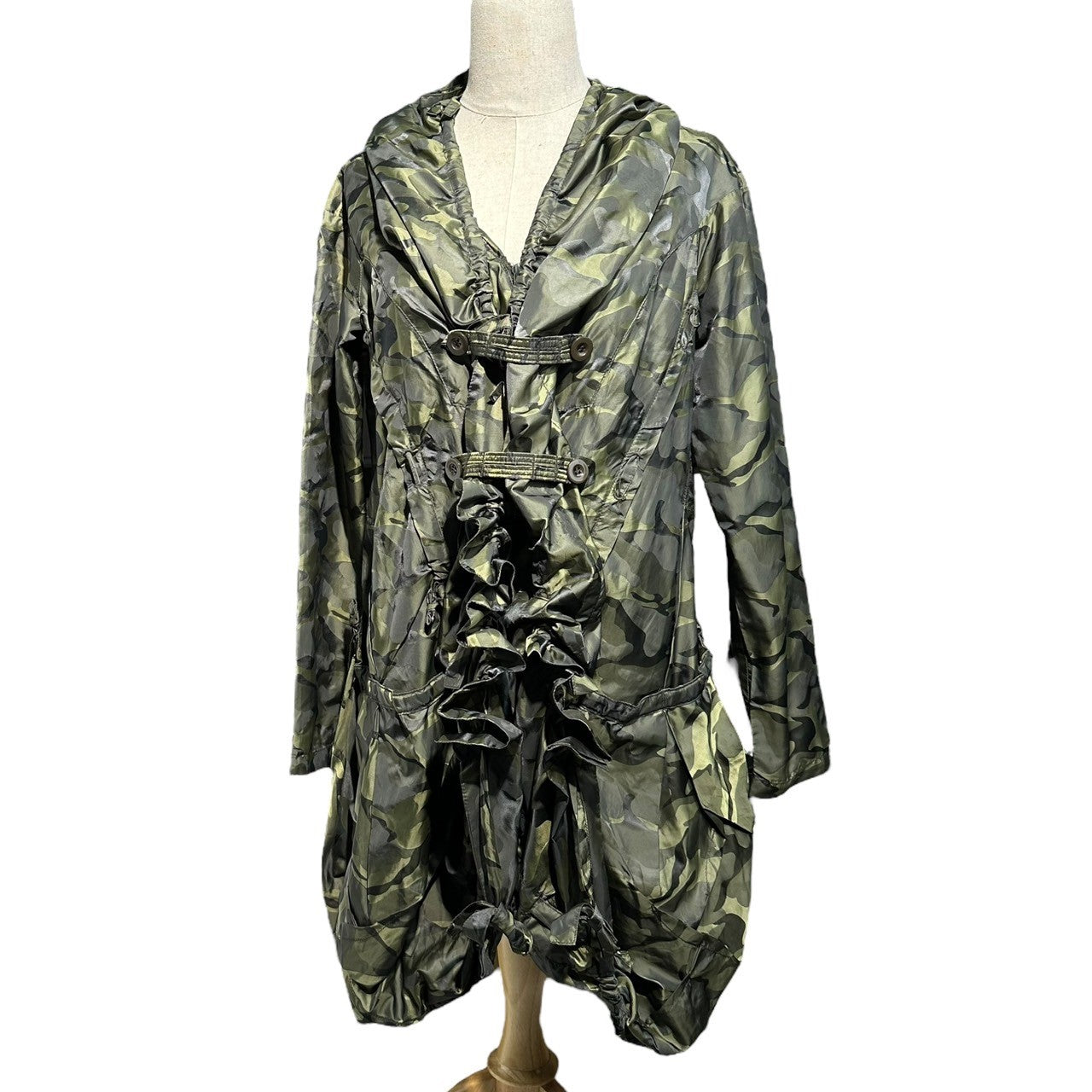MARITHE FRANCOIS GIRBAUD(マリテフランソワジルボー) 00's Camo Nylon Gimmick Mod Coat カモ ナイロン ギミック モッズ コート F5-7214 S グリーン Y2K アーカイブ