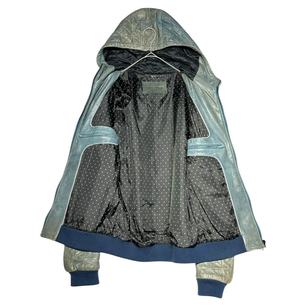 DOLCE&GABBANA(ドルチェ&ガッバーナドルガバ) Inner dot print quilted hooded leather blouson 内ドットプリント キルティング フーデッド レザー ブルゾン G9DP7L/FUL2Q 48 ブルー