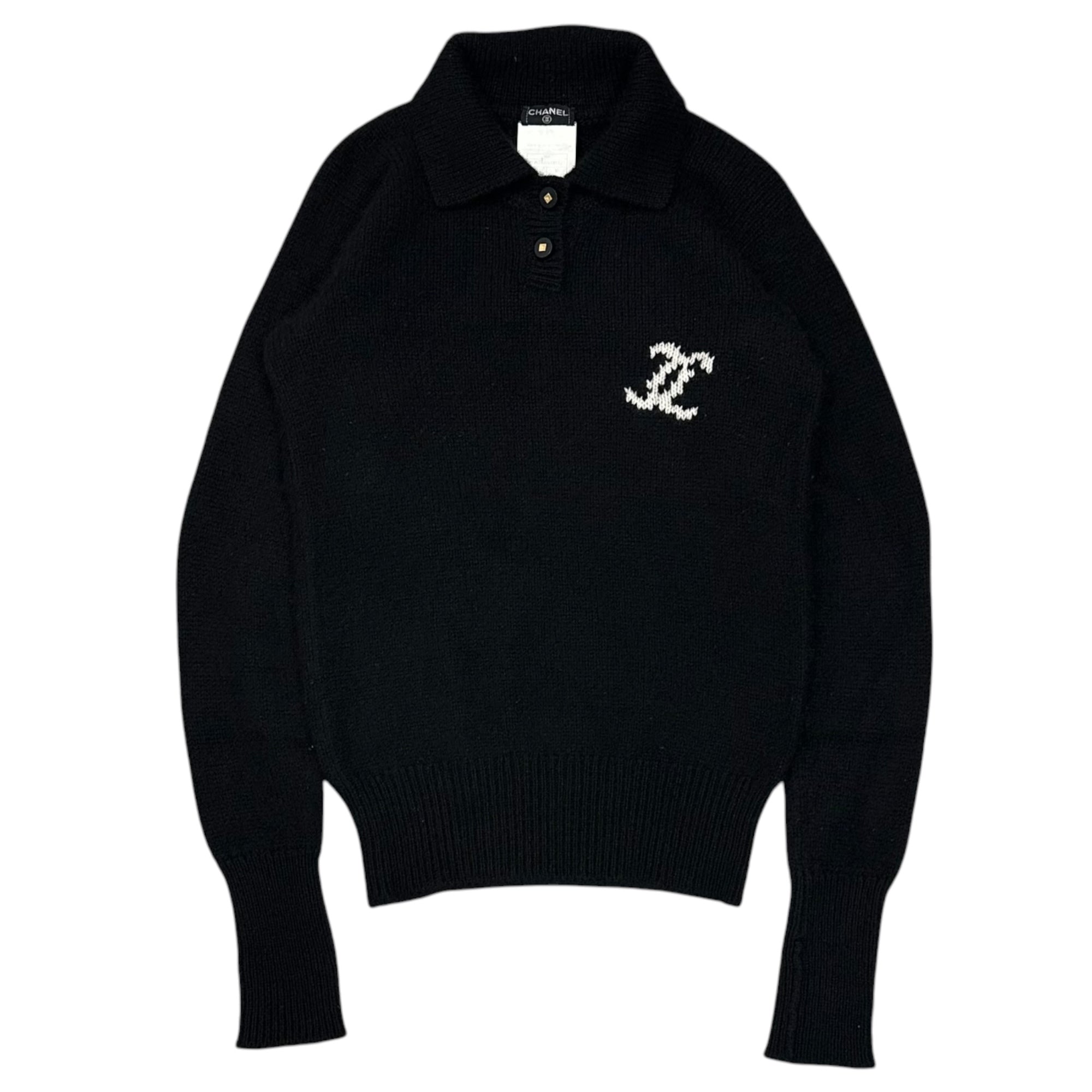 CHANEL(シャネル) 1996AW Coco Button Cashmere Collared Sweater ココボタン カシミア 襟付き ニット P08765V00321 36 ブラック×ホワイト B0841 90s ヴィンテージ