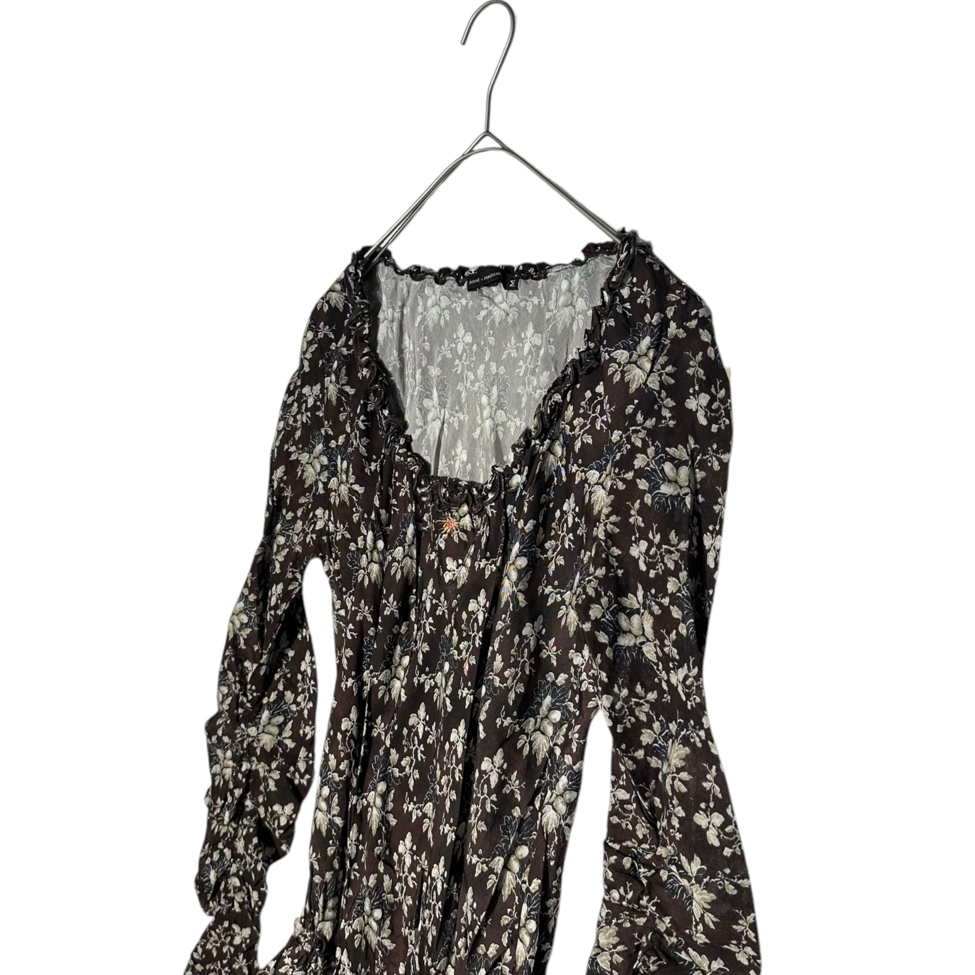 MARITHE FRANCOIS GIRBAUD(マリテフランソワジルボー) 00's Floral Pattern Gathered Ruffle Blouse 花柄 ギャザー フリル ブラウス F7-5079 M ブラウン Y2K