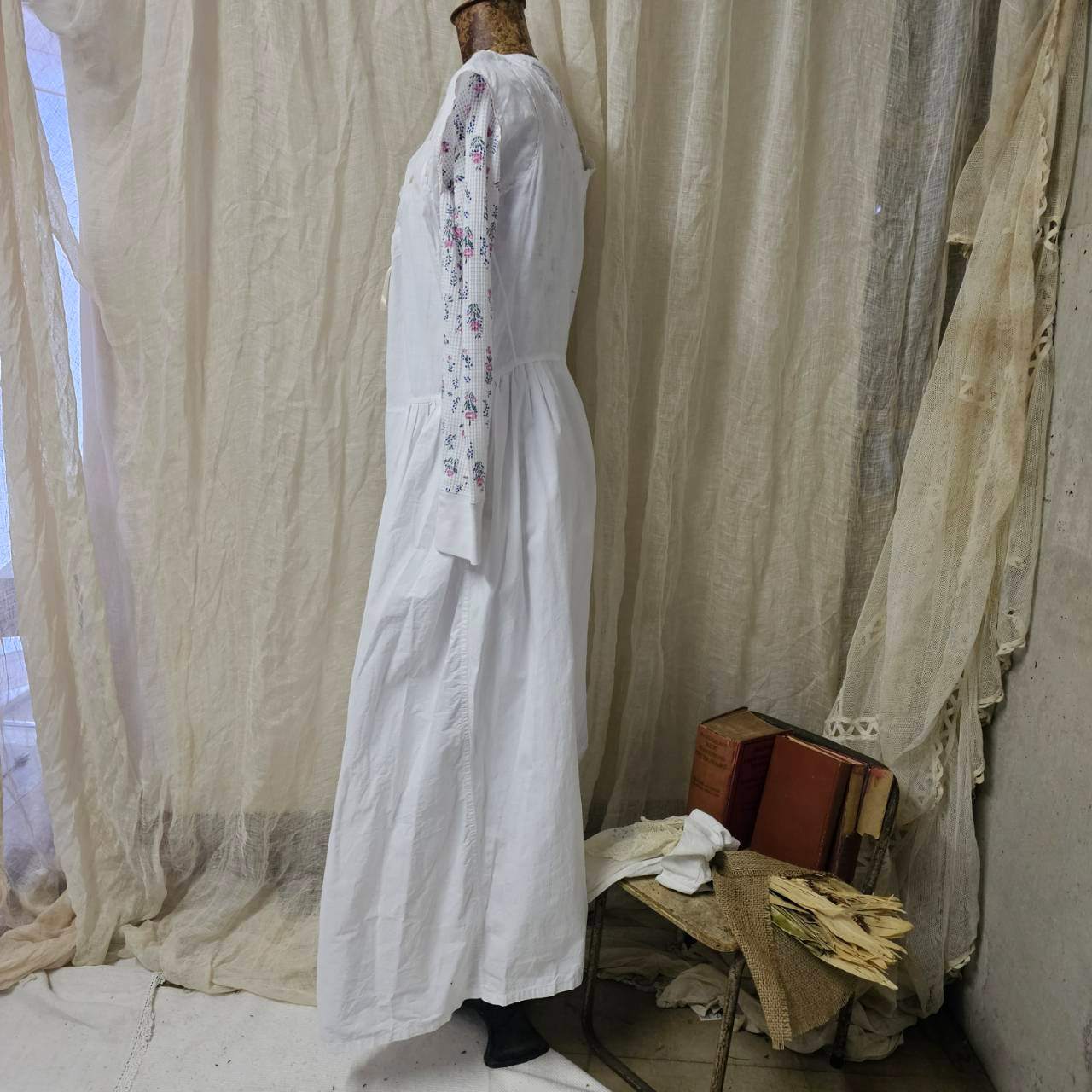 Euro antique(ヨーロッパアンティーク) 20’~30's piping stich remake nighty dress onepiece パイピングリボン付きリメイクコットンナイティドレス /ワンピース 表記無し(M~Lサイズ程度) ホワイト×ペールピンク