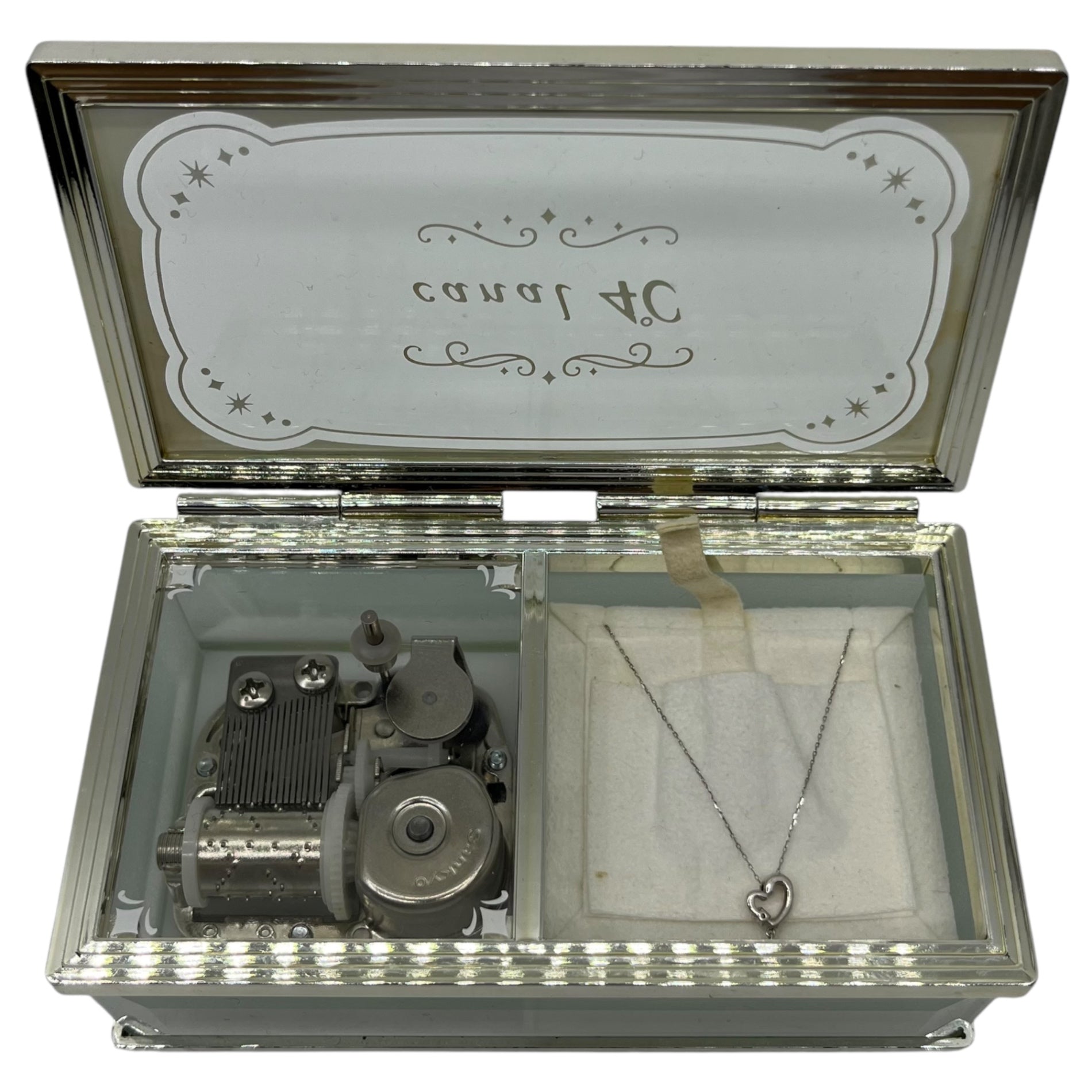 4℃(ヨンドシー) 10K チェーン ネックレス ハート ペンダント シルバー オルゴール ケース 付き