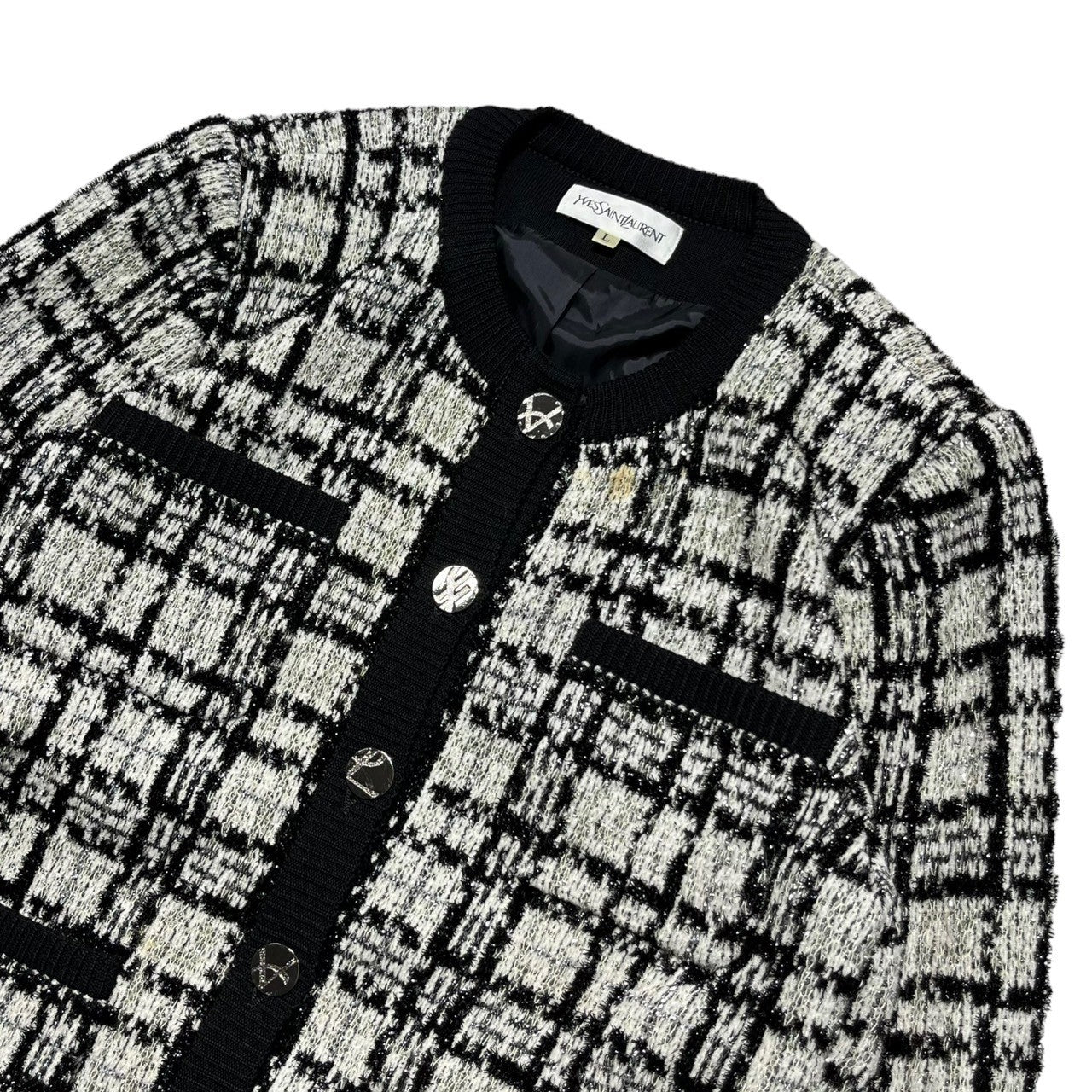 YVES SAINT LAURENT(イヴサンローラン) 90's lame no collar jacket ラメ ノーカラー ジャケット SU47A502 L ホワイト×ブラック 90年代 ヴィンテージ カーディガン ツイード