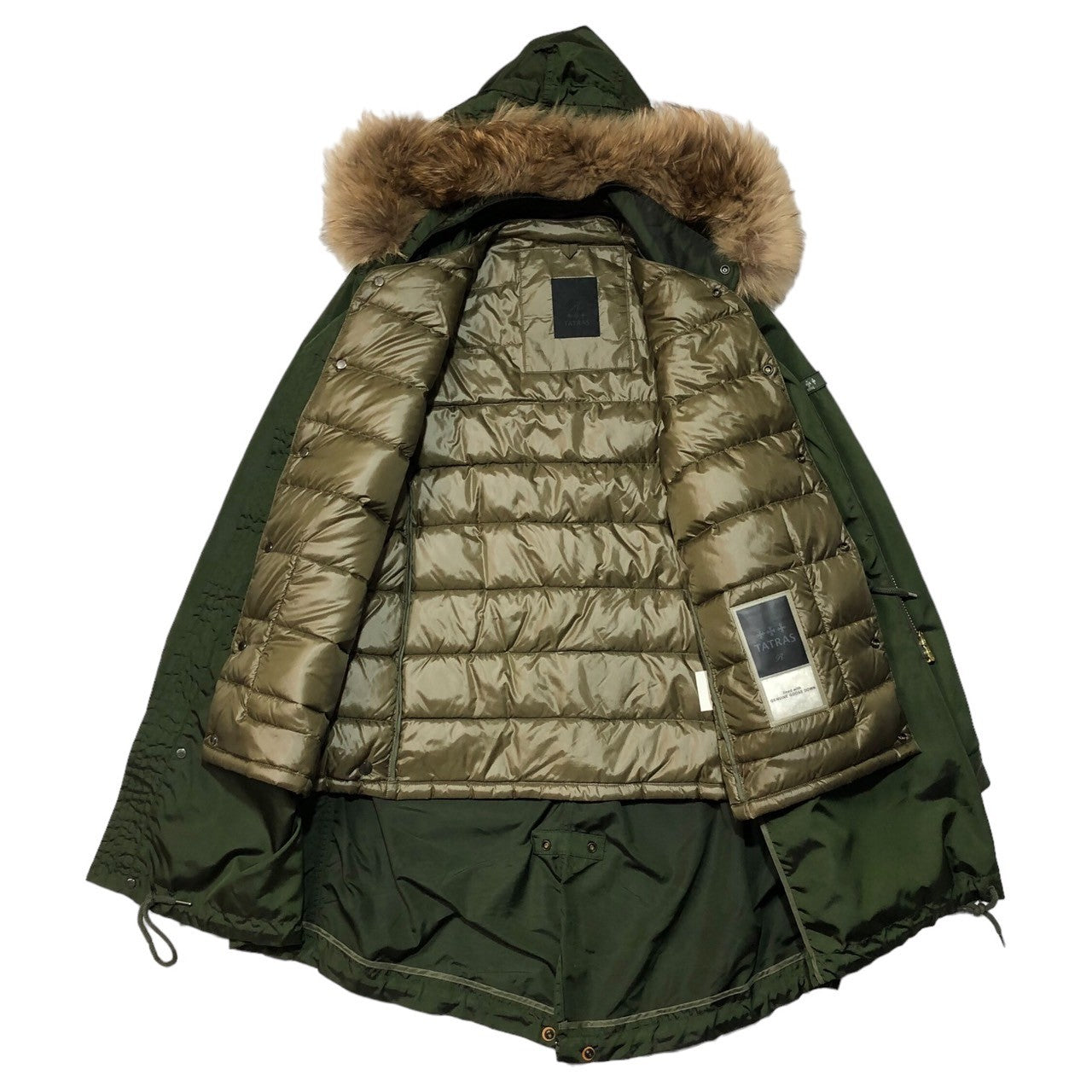 TATRAS(タトラス) 18AW MONTE liner mod coat ラクーンファー ダウン ライナー 付き ナイロン モッズ コート ミリタリー ロゴ MTK18A473 03(L程度) カーキ グリーン系 Rライン