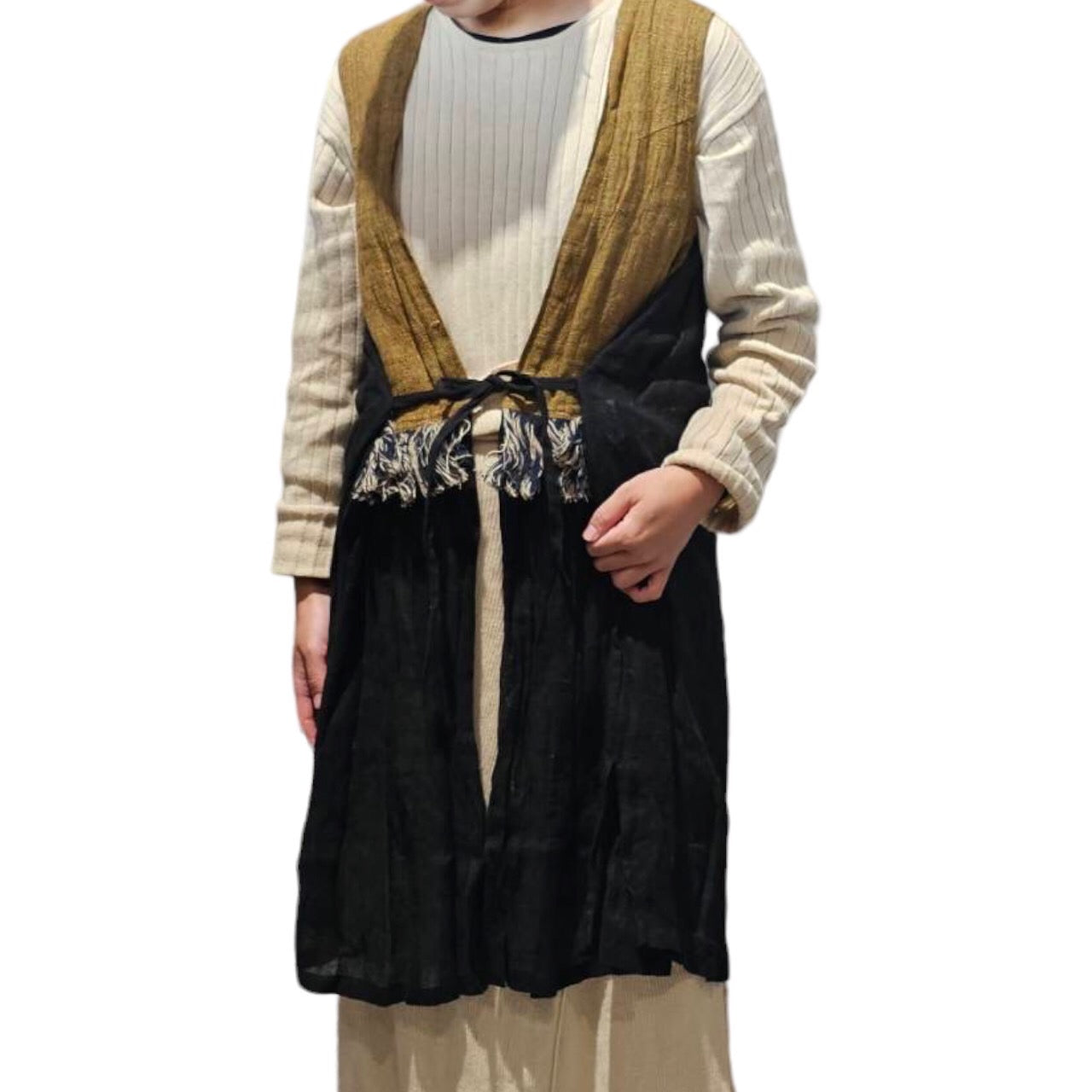 Tabrik(タブリク) フリンジ装飾リネンコットンロングジレ SIZE FREE マスタード×ブラック