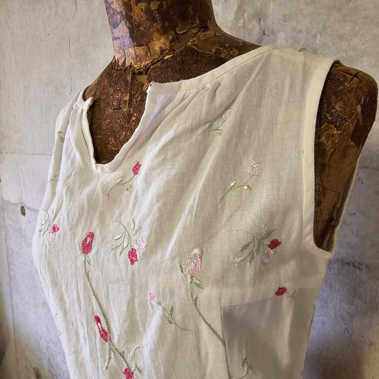 vintage(ヴィンテージ) 60's~ botanical stich vest ボタニカル刺繍ベスト 9(S~Mサイズ程度) ホワイト(刺繍:グリーン×ピンク)