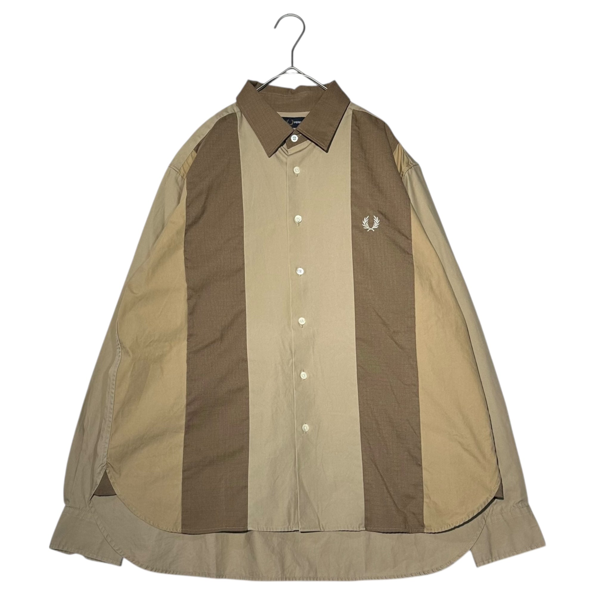 FRED PERRY(フレッドペリー) PANELLED SHIRT パネル 長袖 シャツ F4567 M ベージュ×ブラウン