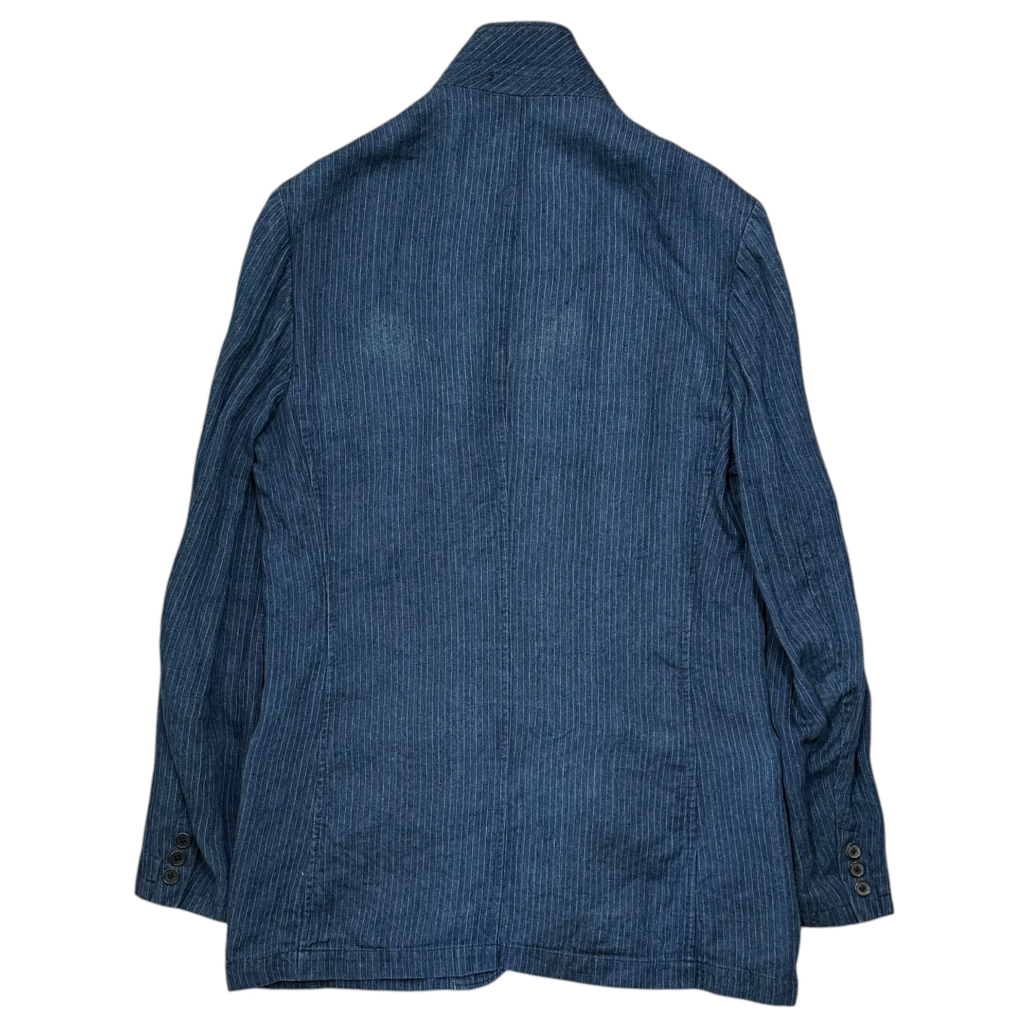 YOHJI YAMAMOTO POUR HOMME(ヨウジヤマモトプールオム) Indigo-Dyed Stand-Collar Striped Linen Jacket インディゴ染め スタンドカラー ストライプ リネン ジャケット 3(L程度) インディゴ×ホワイト タグ取れ