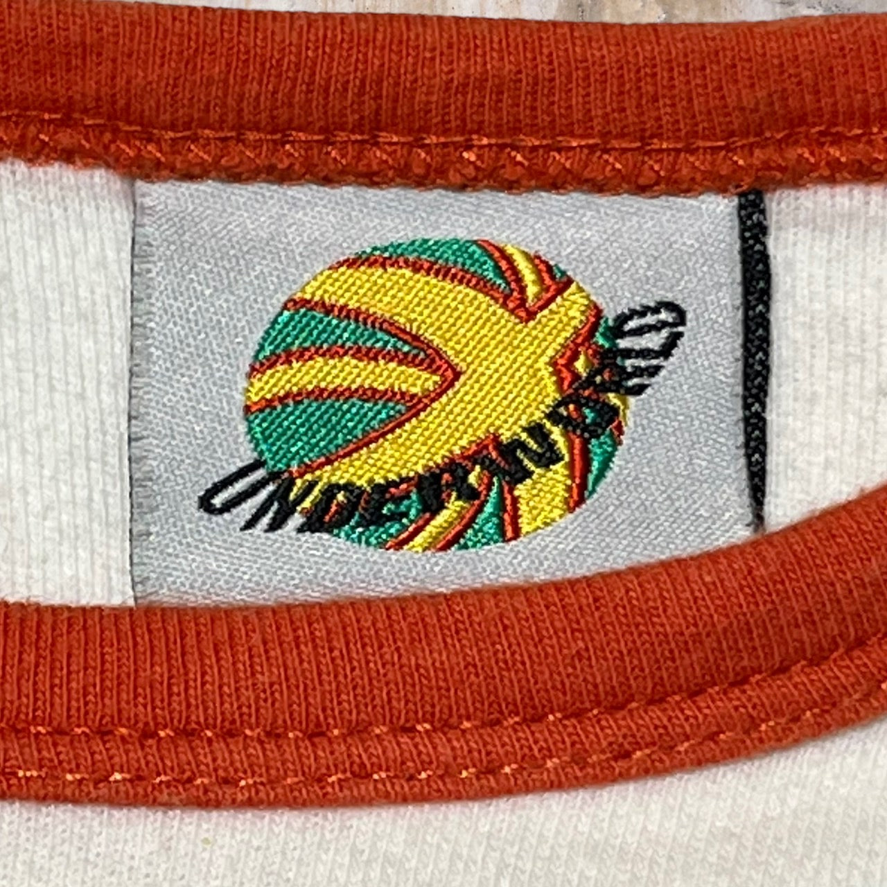 UNDERWORLD(アンダーワールド) 90's trainspotting TEE/リンガーTシャツ/トレインスポッティング/ムービーTシャツ 表記無し(Sサイズ程度) ホワイト×オレンジ 当時物 1996年 Underworld Born Slippy 映画