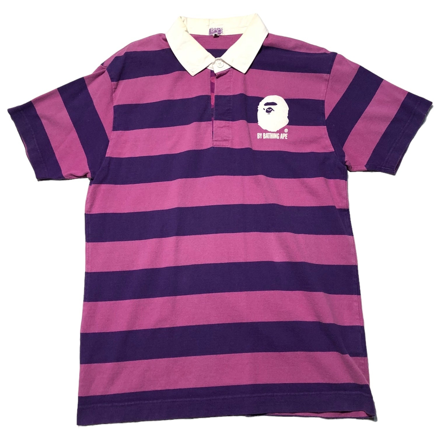 A BATHING APE(アベイシングエイプ) 00's One point logo border rugby shirt ワンポイント ロゴ ボーダー ラガー シャツ L パープル ポロシャツ